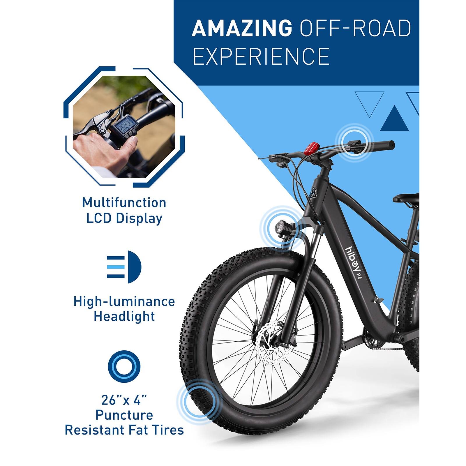 Amazing Off-Road Experience: Multifunction LCD Display, High-luminance Headlight, 26"x4" Puncture Resistant Fat Tires.