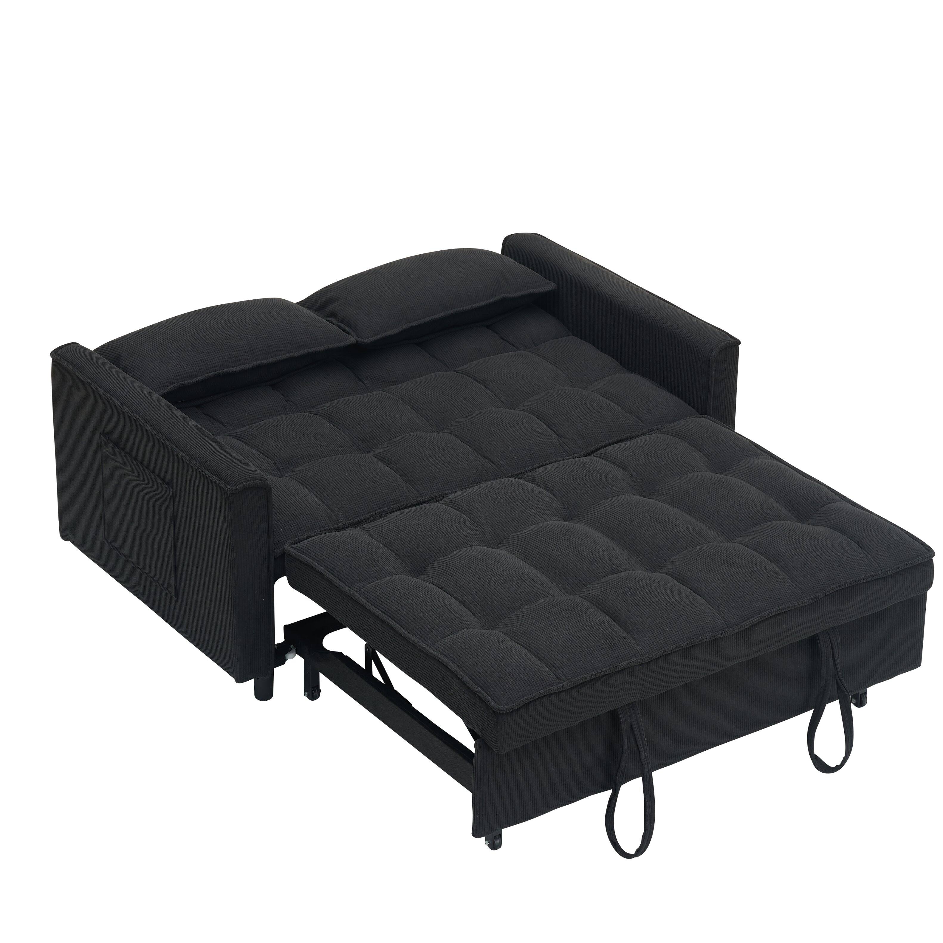 Left. GOODSILO - Elegant 55-Inch Velvet Sofa Bed with Storage Pockets - Three-in-One Convertible Design - Black.