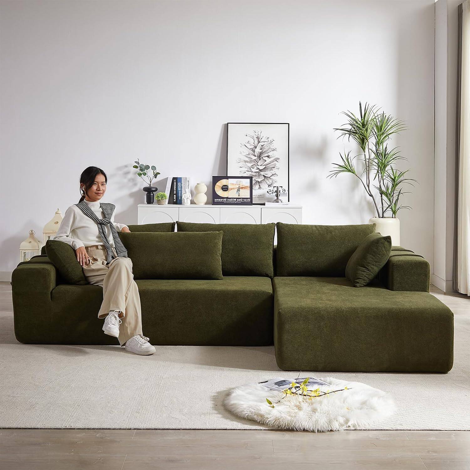 Alt View 3. Trinkets Crazed - 108"Modular L Shaped Sectional Sofa Modern Comfy Corner Couches Sleeper Sofa with 6 Pillows(Right Chaise) - green.