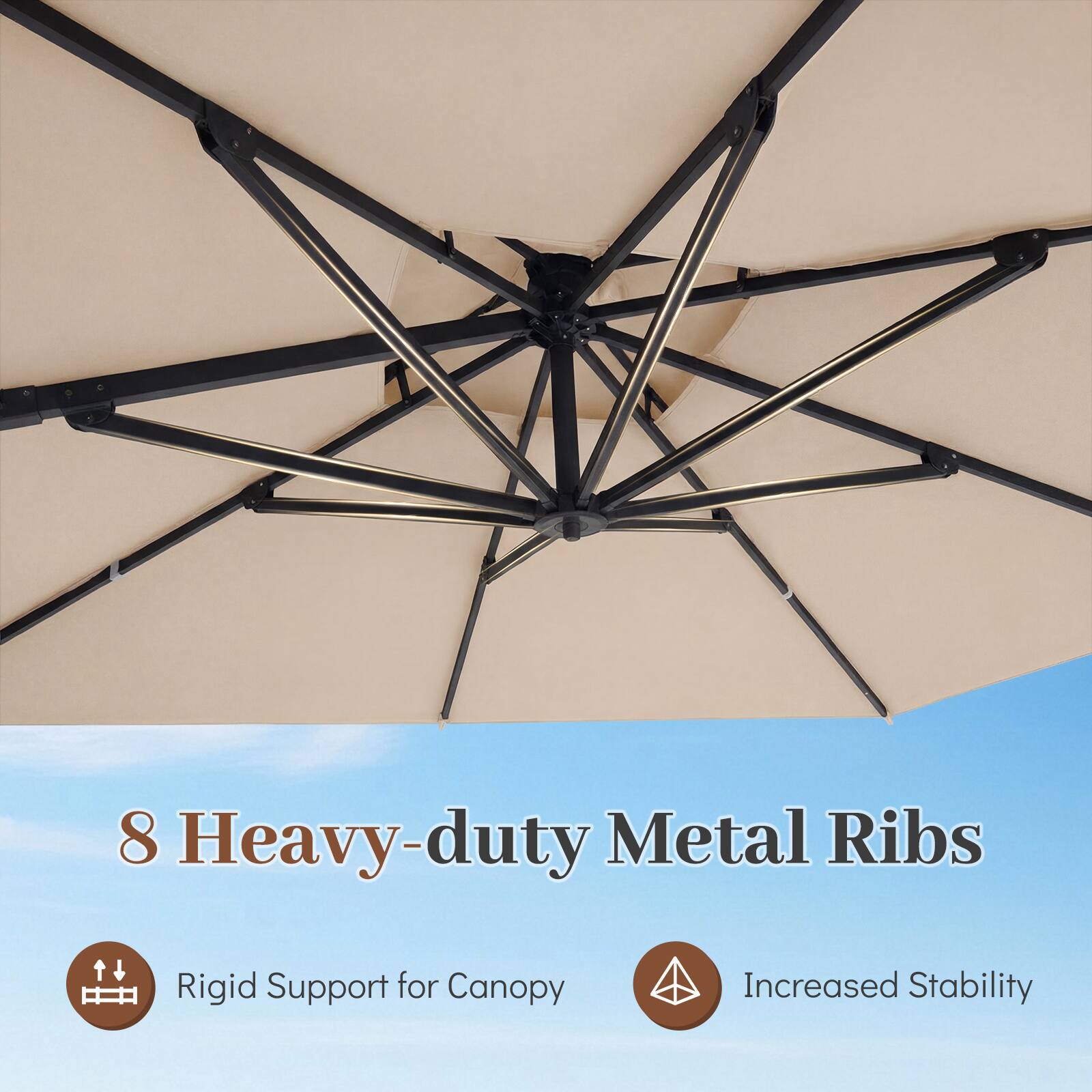 8 Heavy-duty Metal Ribs  
Rigid Support for Canopy  
Increased Stability