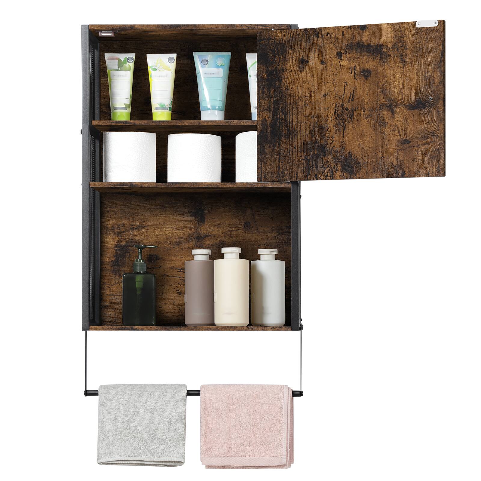 Alt View 1. Oumilen - Wall-Mounted Bathroom Cabinet with Towel Bar, Rustic Brown - Brown.