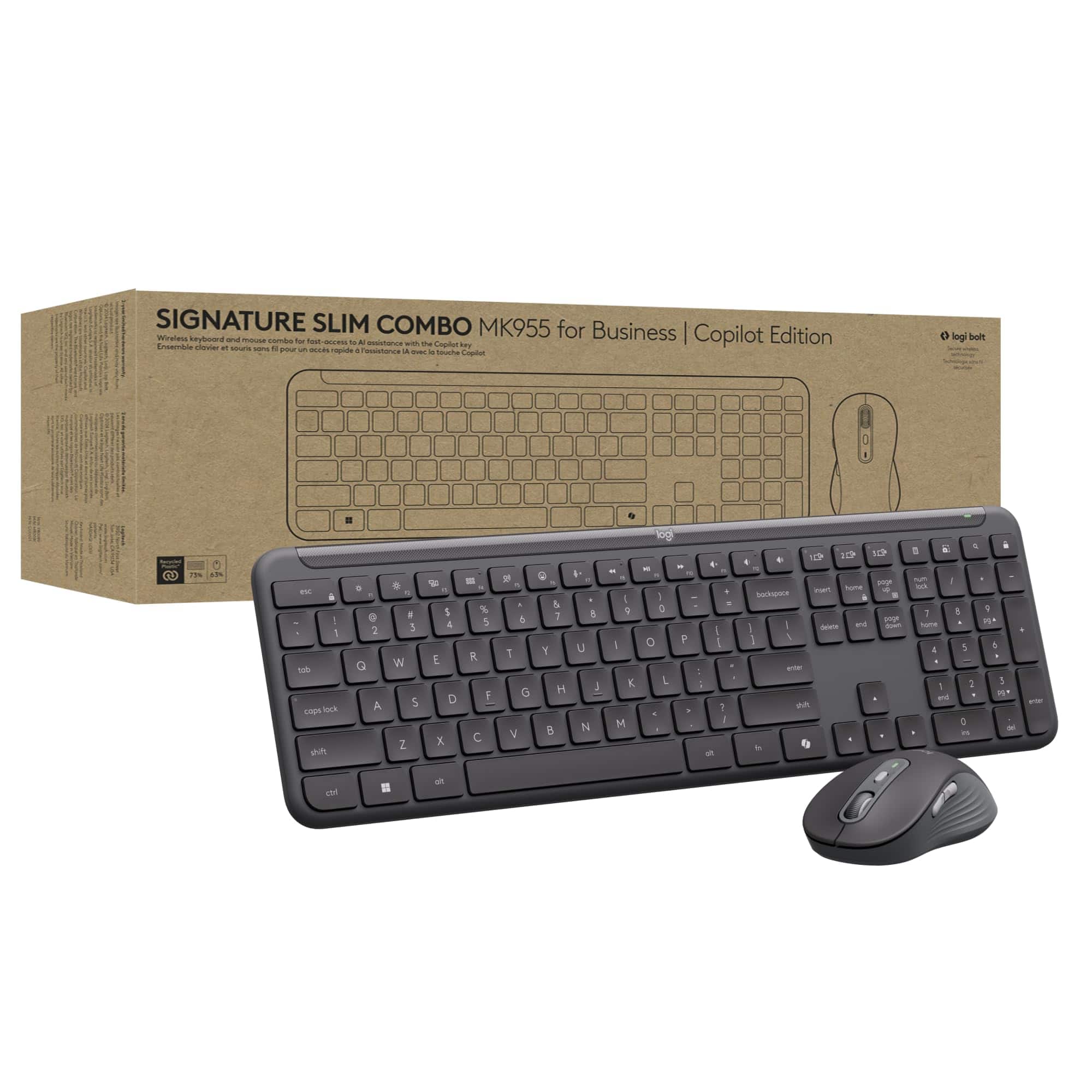 Logitech - Signature Slim MK955 Wireless Keyboard & Mouse Combo for Business, Copilot Key, Bluetooth, Windows - Graphite - Black