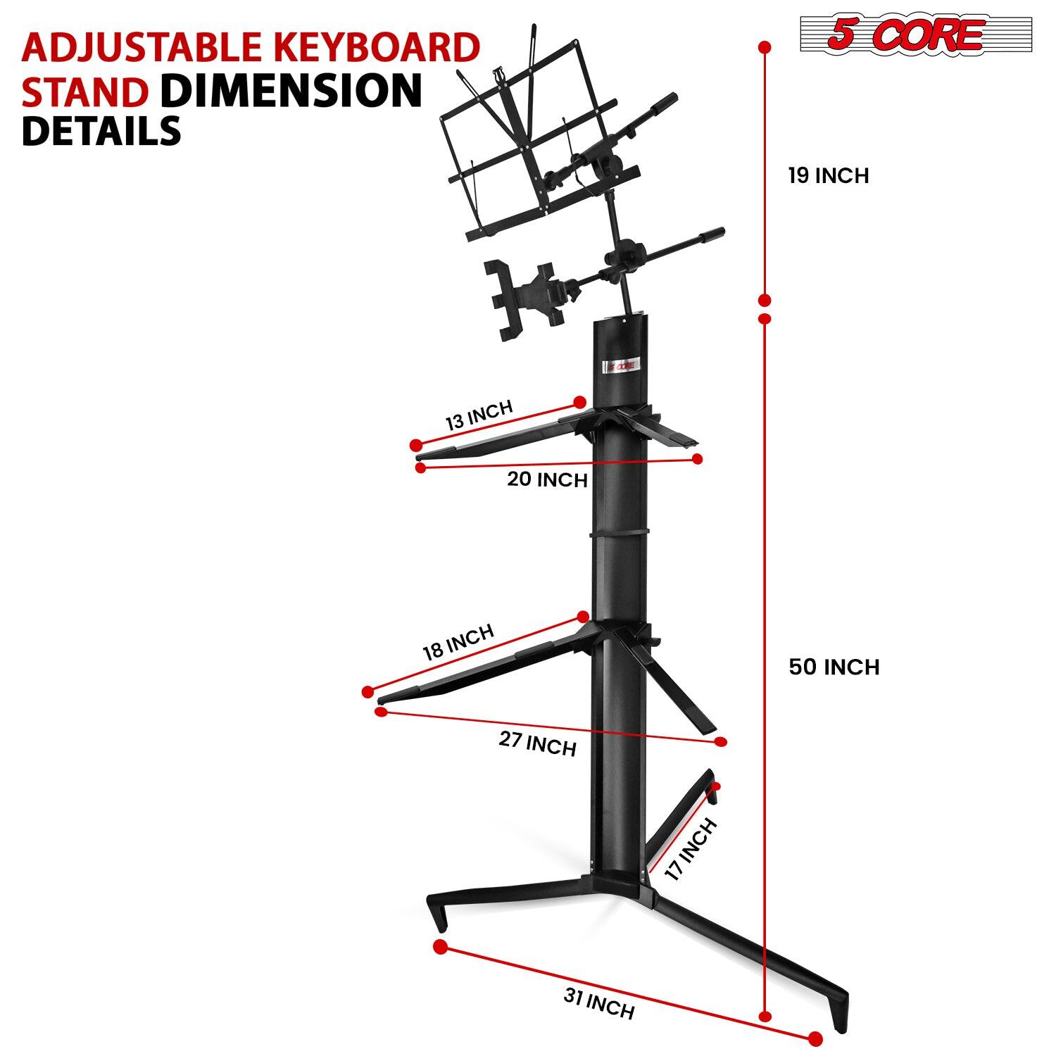 ADJUSTABLE KEYBOARD STAND DIMENSION DETAILS

5 CORE

- 19 INCH
- 50 INCH
- 20 INCH
- 13 INCH
- 18 INCH
- 27 INCH
- 17 INCH
- 31 INCH