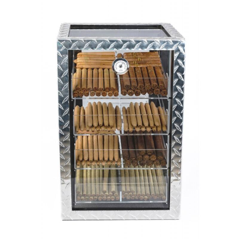 Left. Prestige - Diamond Plate Display Humidor - Polished Industrial Diamond Plate Metal Exterior.
