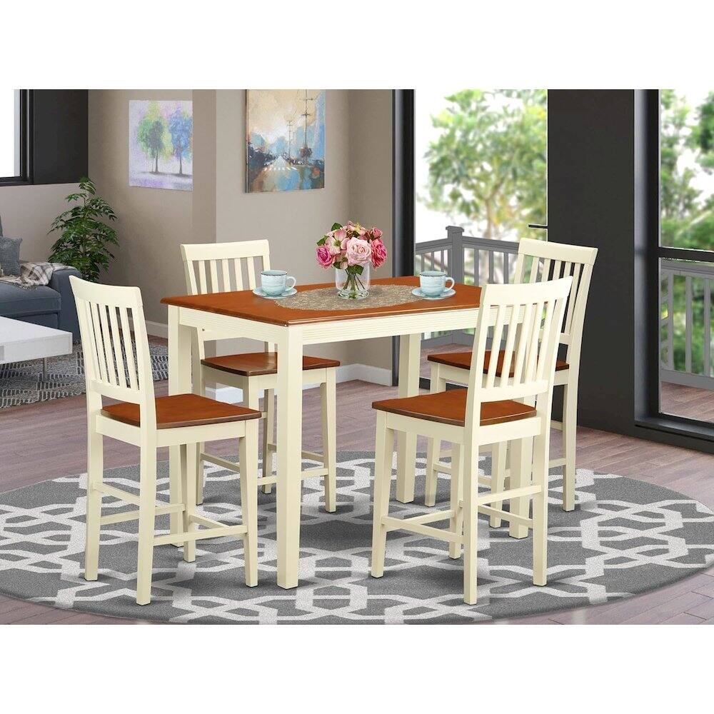 Back. East West Furniture - 5 Pc counter height set-pub Table and 4 bar stools with backs - Buttermilk & Cherry.