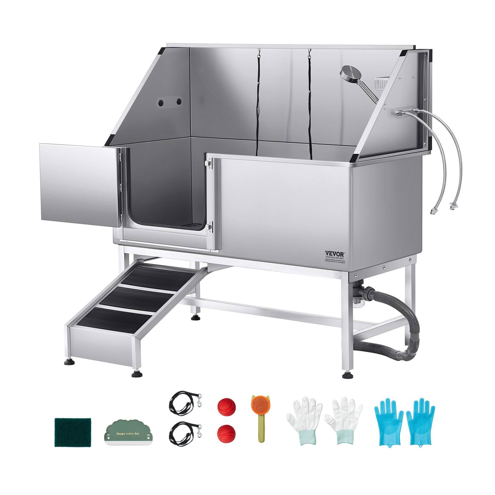 VEVOR - Stainless Steel Dog Washing Station, 62 inch Pet Grooming Tub w/ Ramp, PE Water Filter Board, Faucet & Showerhead