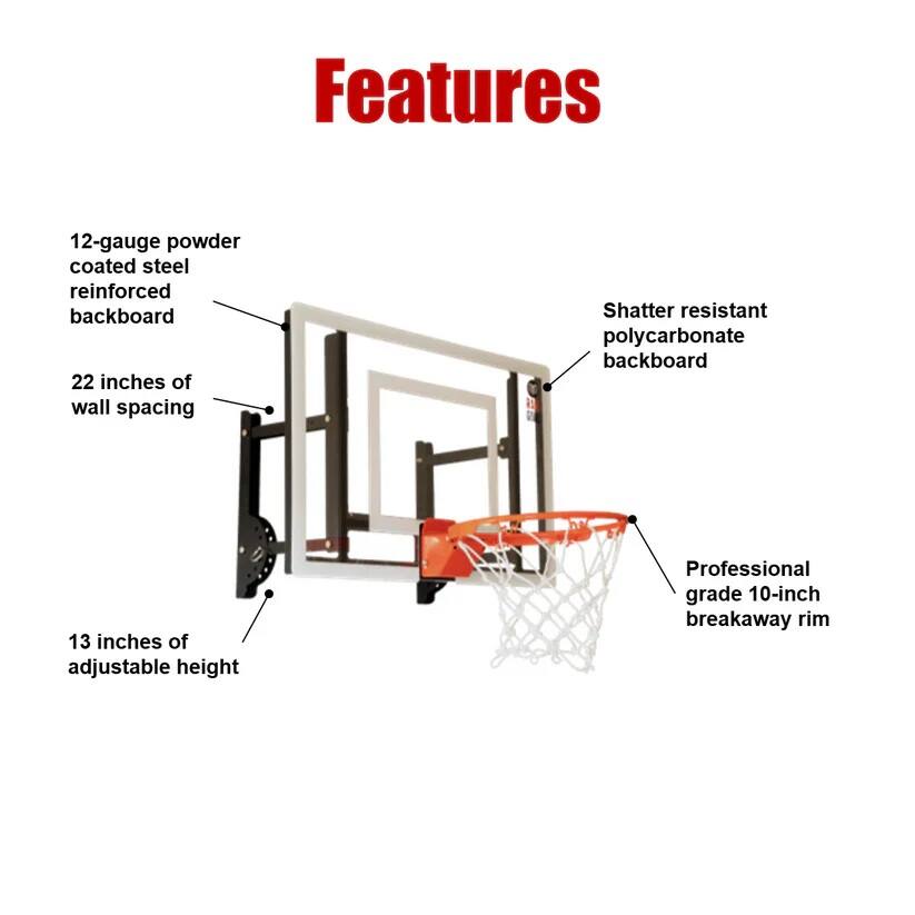 Features

- 12-gauge powder coated steel reinforced backboard
- 22 inches of wall spacing
- Shatter resistant polycarbonate backboard
- 13 inches of adjustable height
- Professional grade 10-inch breakaway rim