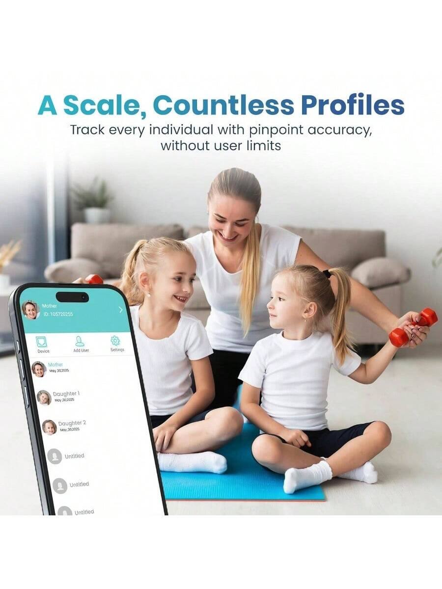 A Scale, Countless Profiles  
Track every individual with pinpoint accuracy, without user limits  

Mother  
ID: 105720255  

Device  
Add User  
Settings  

Mother  
May 30, 2025  

Daughter 1  
May 32, 2025  

Daughter 2  
May 30, 2025  

Untitled  
Untitled  
Untitled
