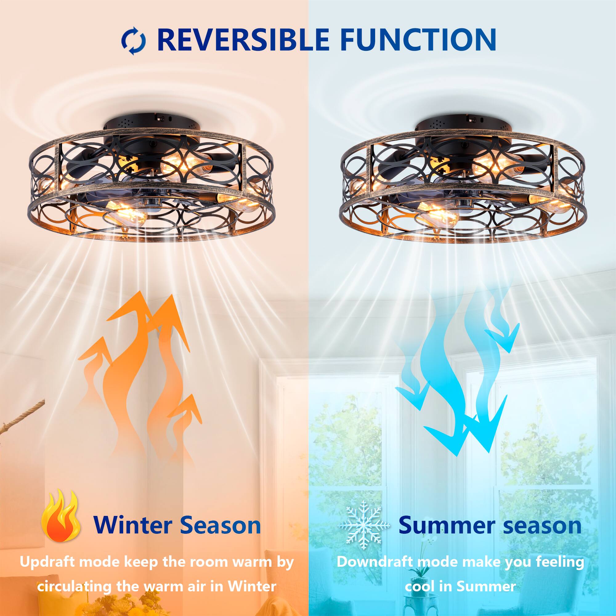 REVERSIBLE FUNCTION

Winter Season  
Updraft mode keeps the room warm by circulating the warm air in Winter

Summer Season  
Downdraft mode makes you feel cool in Summer