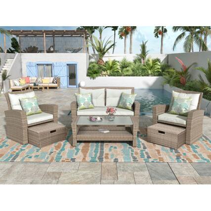 Front. Siljoy - U-style 4-Piece Patio Set, All Weather Wicker Sofa with Ottoman & Cushions - Beige.