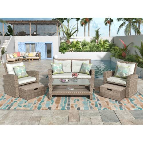 Front. Siljoy - U-style 4-Piece Patio Set, All Weather Wicker Sofa with Ottoman & Cushions - Beige.