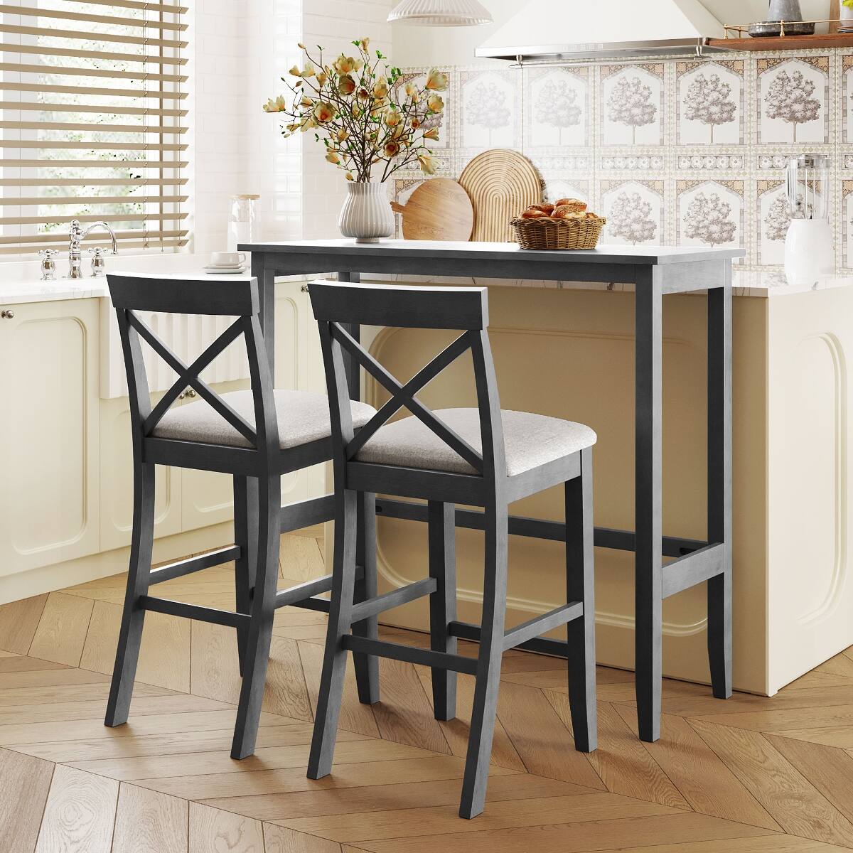 Loheer Farmhouse Dining Table Set, Gray Acacia Wood Bar Height Table ...