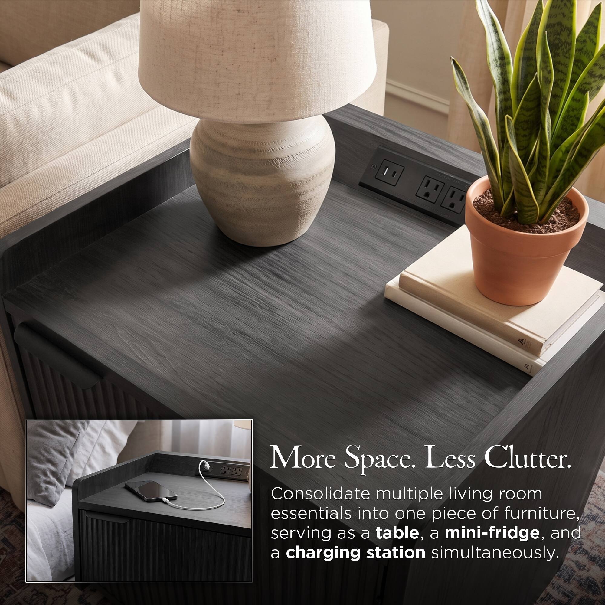 More Space. Less Clutter.  
Consolidate multiple living room essentials into one piece of furniture, serving as a table, a mini-fridge, and a charging station simultaneously.