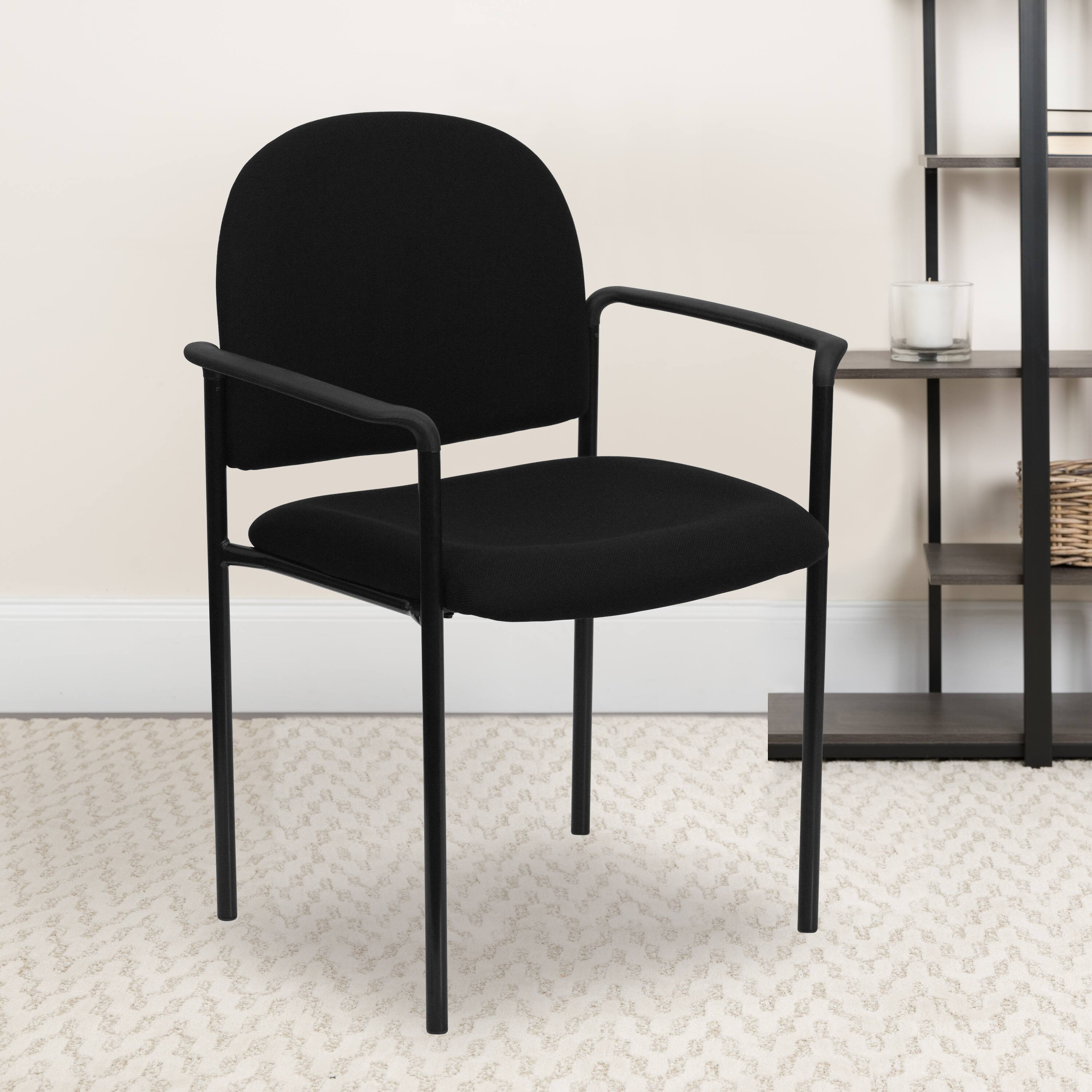 Alt View 1. Emma + Oliver - Comfort Stackable Steel Side Reception Chair with Arms - Black Fabric.