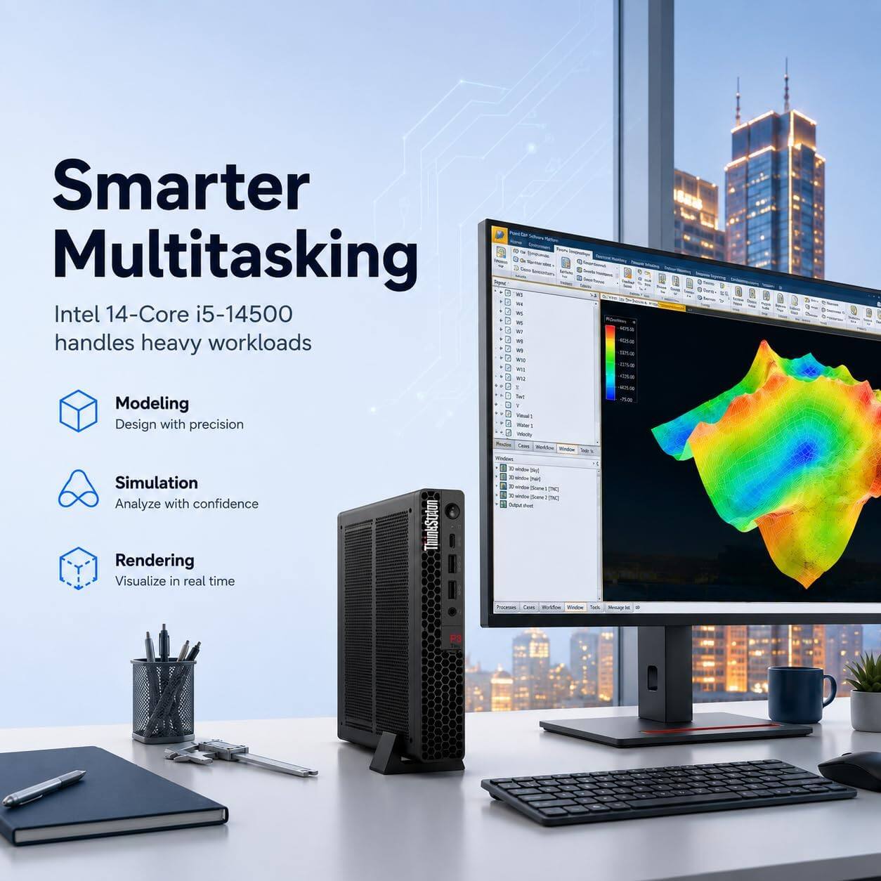 Smarter Multitasking  
Intel 14-Core i5-14500 handles heavy workloads  
Modeling - Design with precision  
Simulation - Analyze with confidence  
Rendering - Visualize in real time