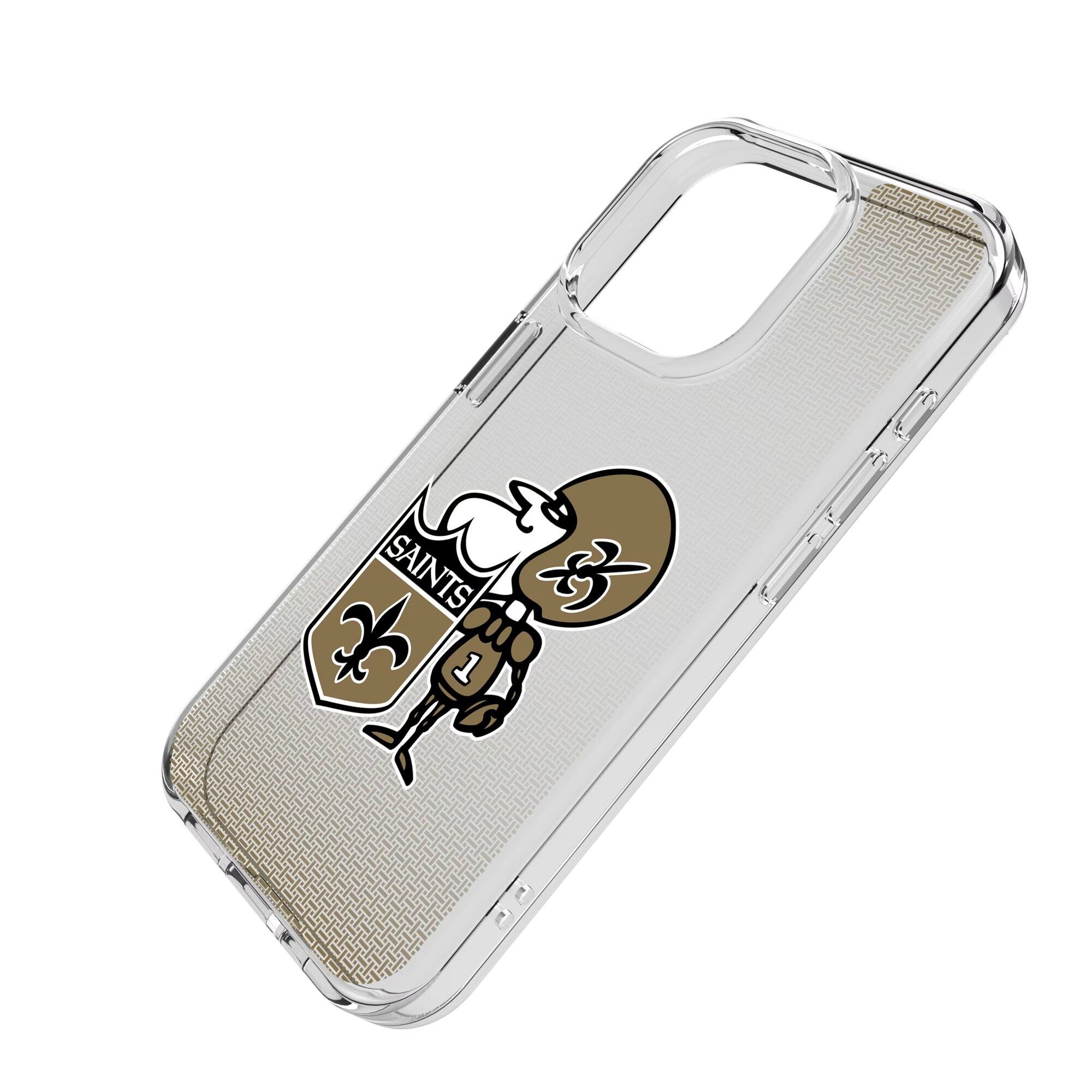 Alt View 1. Keyscaper - New Orleans Saints Linen Logo iPhone Clear Case - 14 Pro - Multicolor.