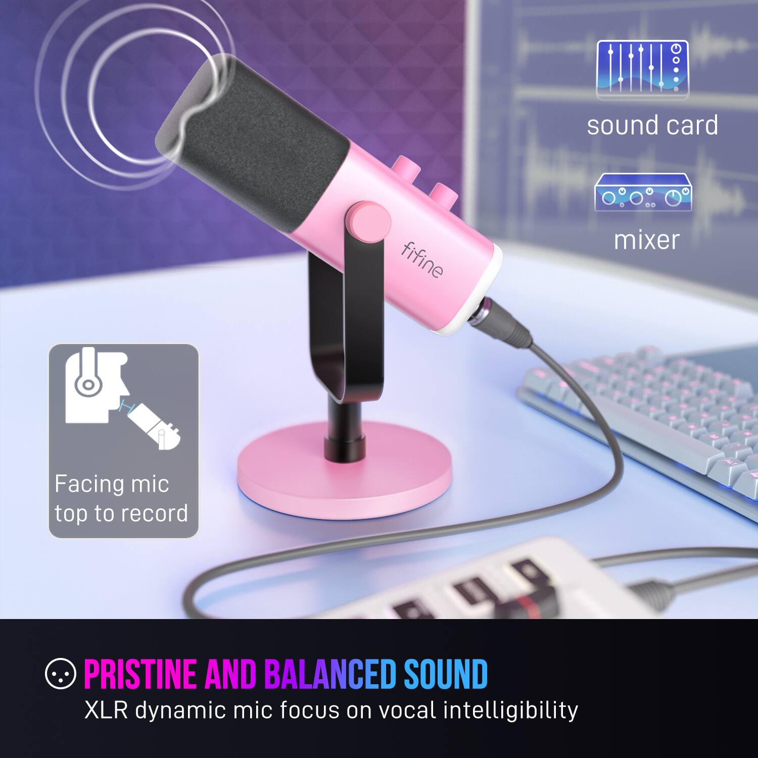The image features a pink microphone stand with a pink base, which is connected to a sound card and a mixer. The microphone is positioned to record at the top, ensuring a pristine and balanced sound. The focus of this setup is on vocal intelligibility, making it ideal for recording high-quality audio.