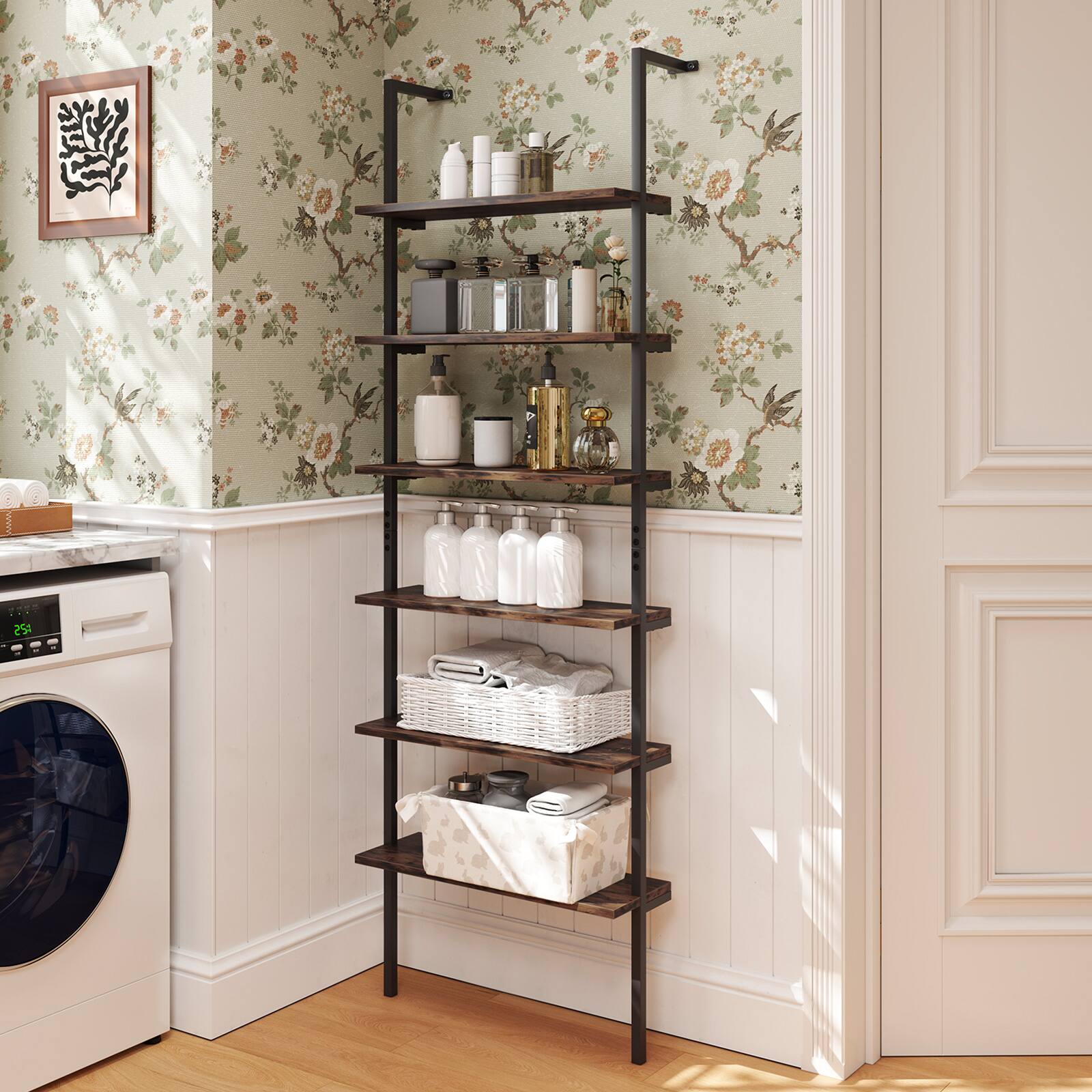 Alt View 1. Gymax - Gymax 5 Tier Ladder Shelf 71'' Height Wall-Mounted Bookshelf Display Storage Organizer - Brown.