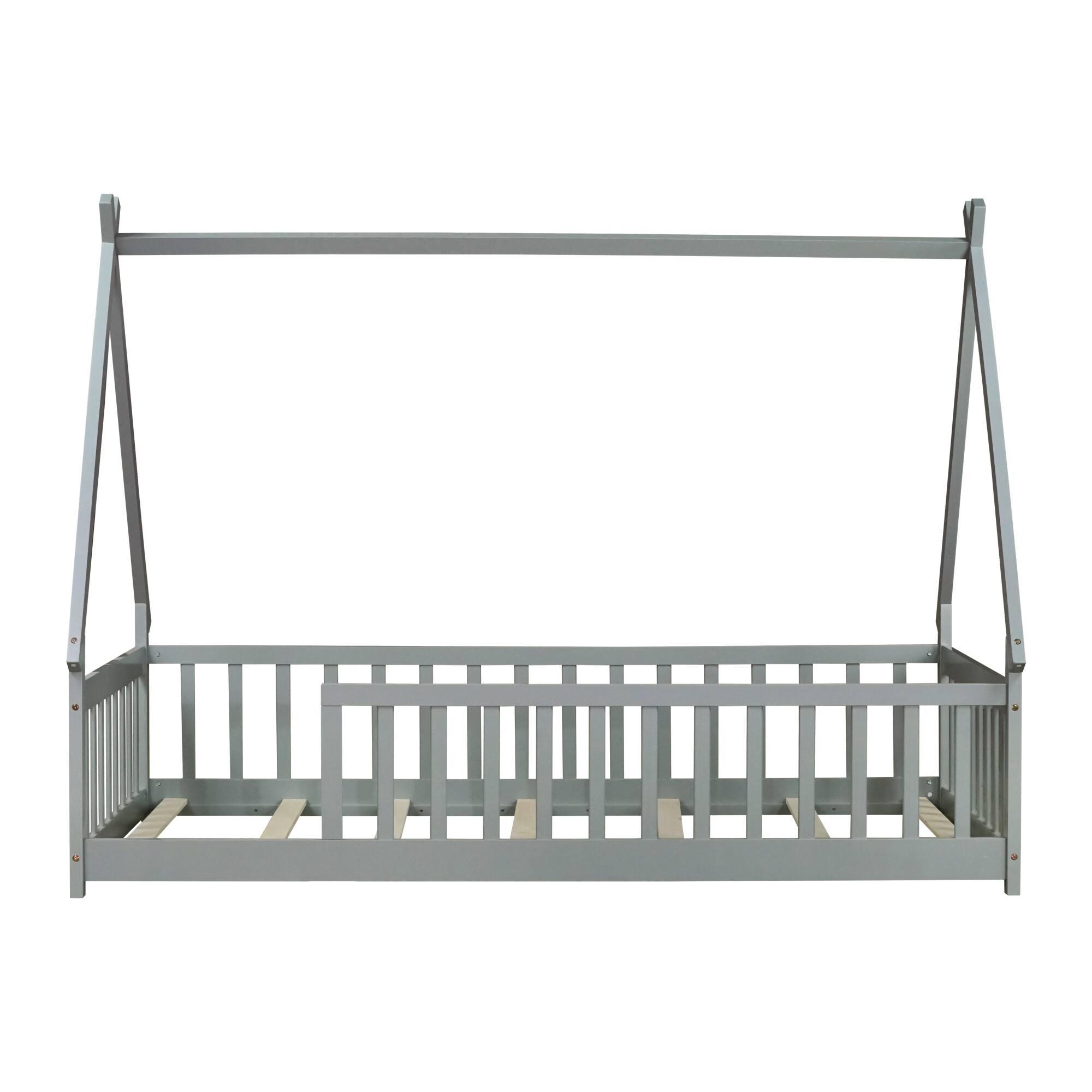 Alt View 1. GOODSILO - Twin-Size Tent-Shaped Low Profile Floor Bed with Safety Guardrails and Slatted Base - Grey.