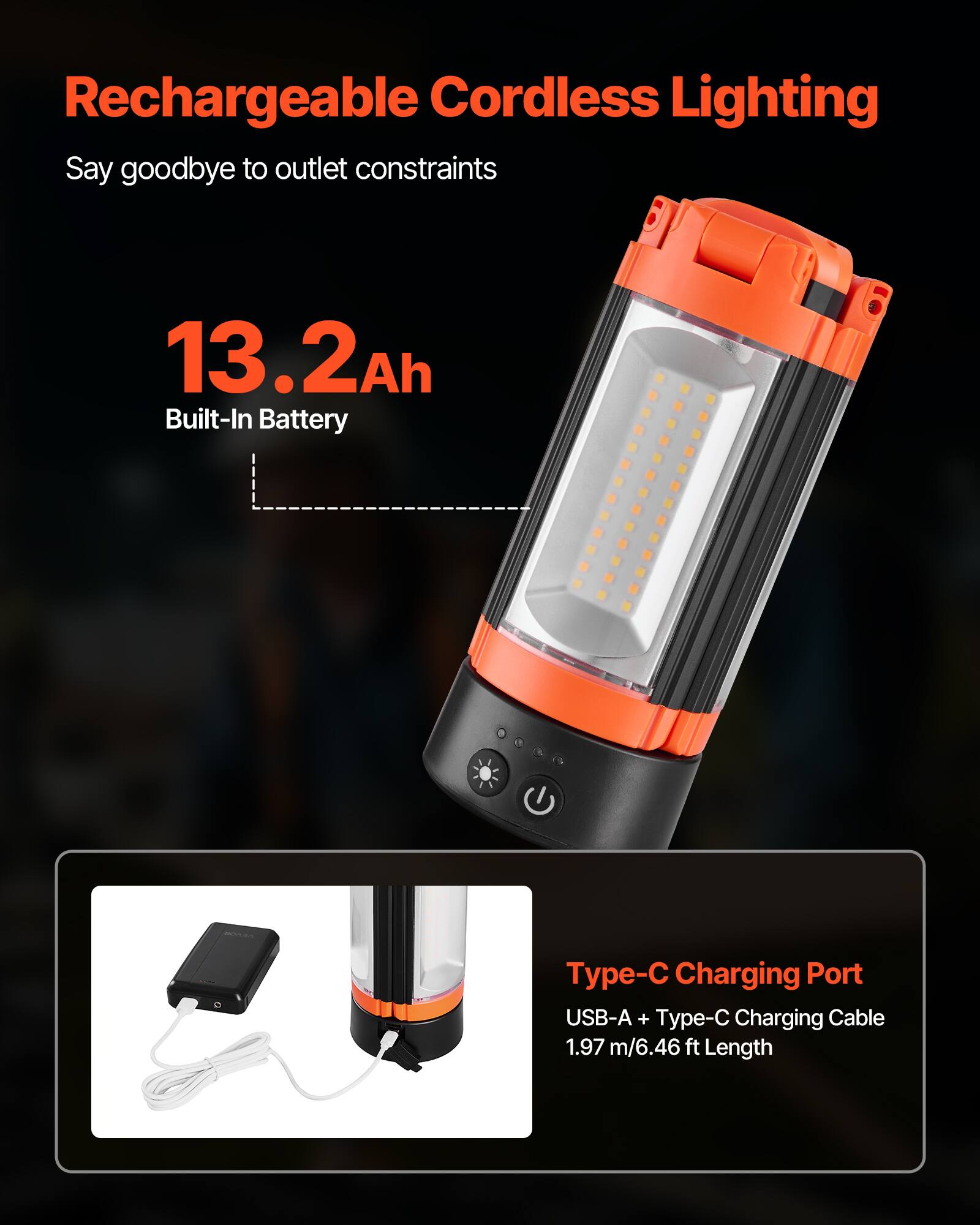 Rechargeable Cordless Lighting  
Say goodbye to outlet constraints  

13.2Ah Built-In Battery  

Type-C Charging Port  
USB-A + Type-C Charging Cable  
1.97 m/6.46 ft Length