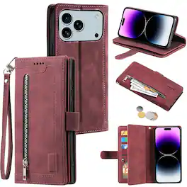UUCOVER - Magnetic Flip Wallet Case for Apple iPhone 17 Pro Max with Card Cash Slots, Zipper Pocket and Wrist Strap, Stand Cover - Winered