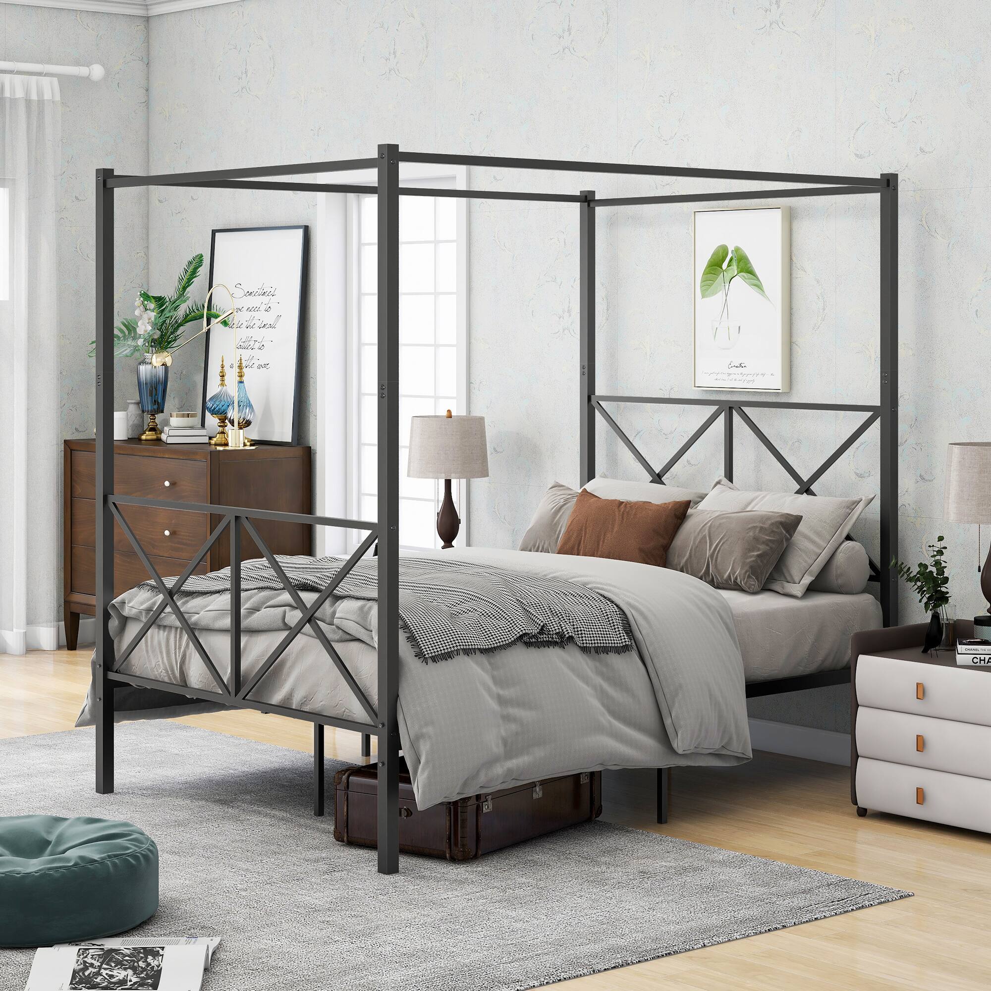 Back. Spaco - Spaco Metal Canopy Full Bed Frame, Platform Bed Frame with X Shaped Frame for Bedroom - Black.