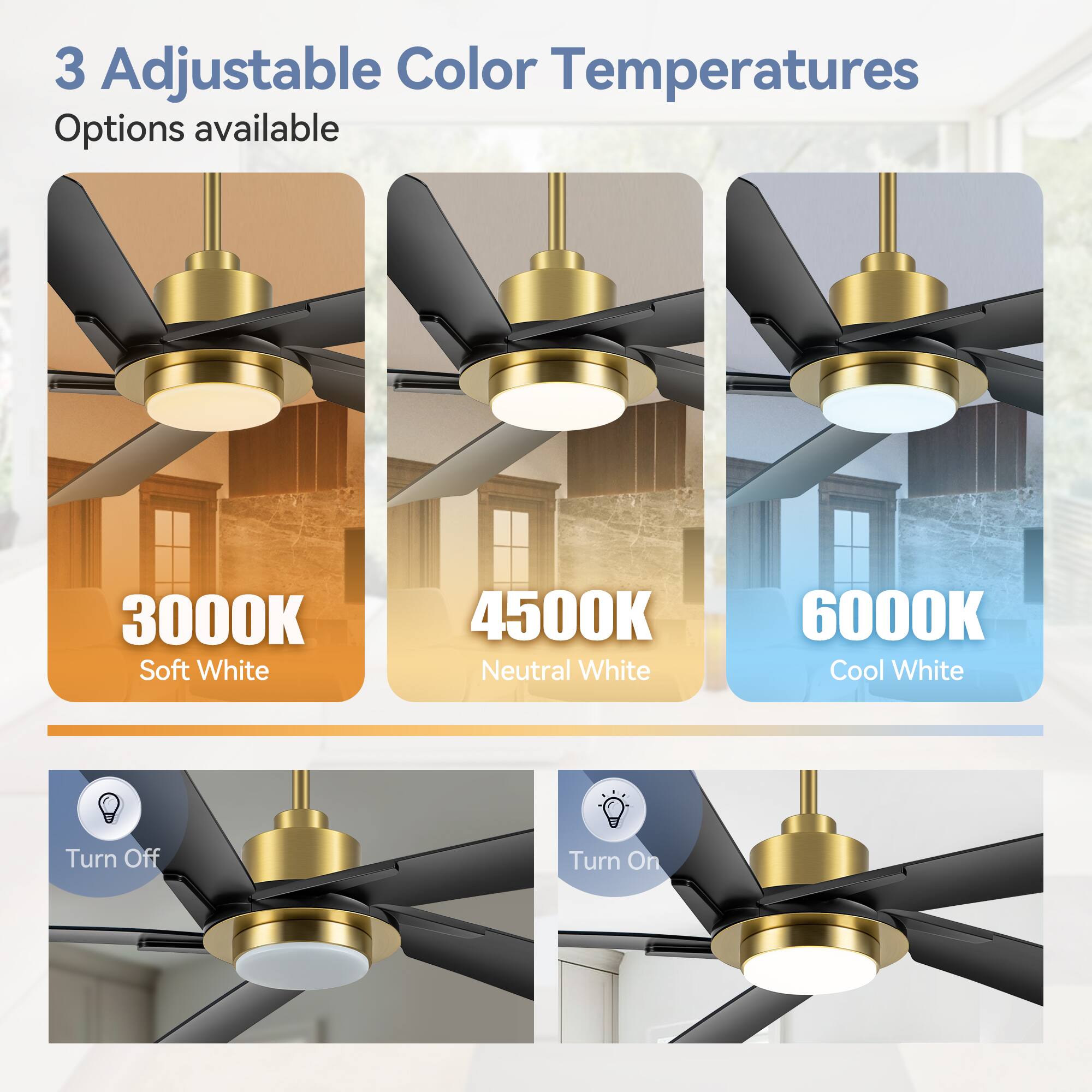 3 Adjustable Color Temperatures Options available
3000K Soft White
4500K Neutral White
6000K Cool White
Turn Off
Turn On