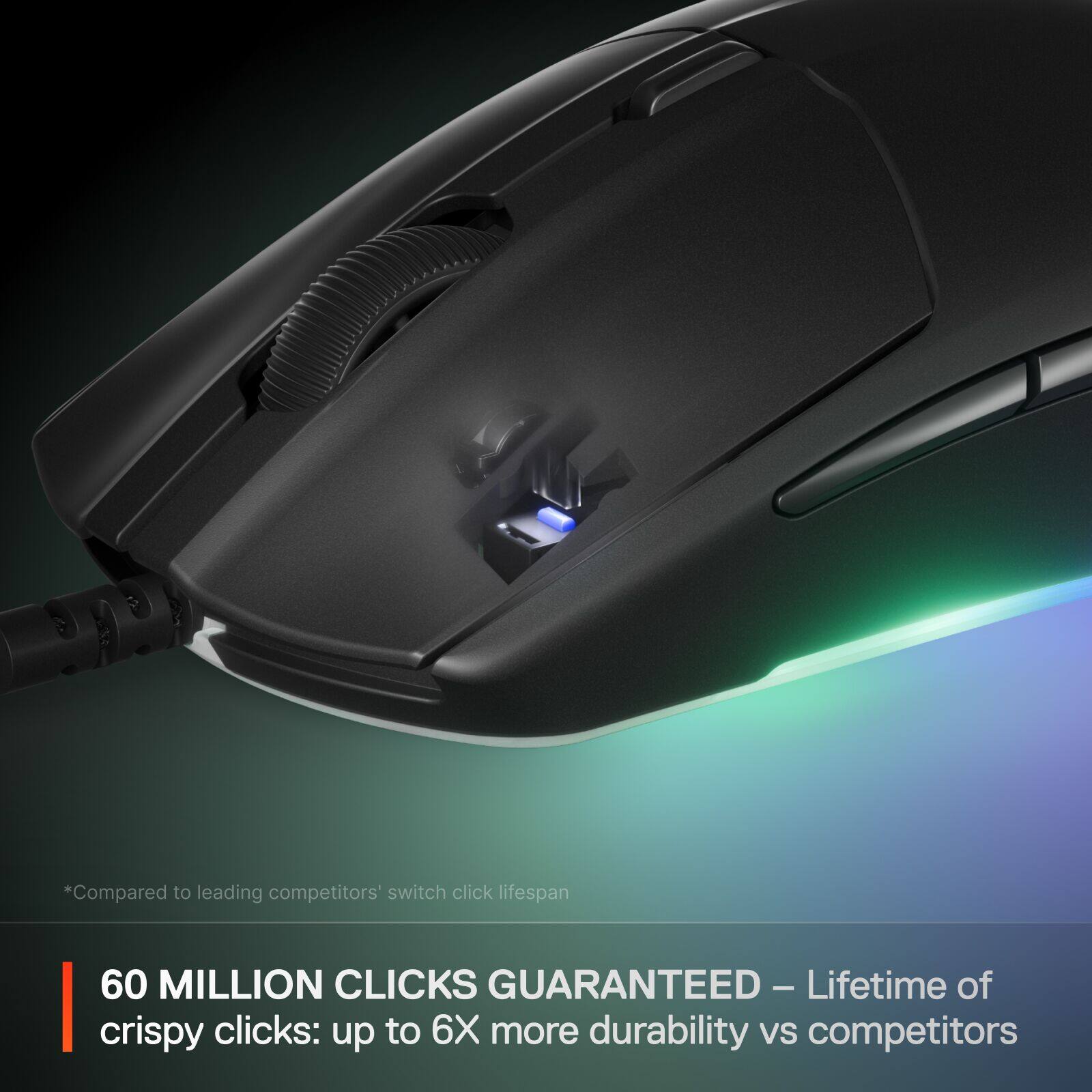 The text on the image reads: "Compared to leading competitors' switch click lifespan, 60 MILLION CLICKS GUARANTEED - Lifetime - Lifetime of crispy clicks: up to 6X more durability vs competitors."