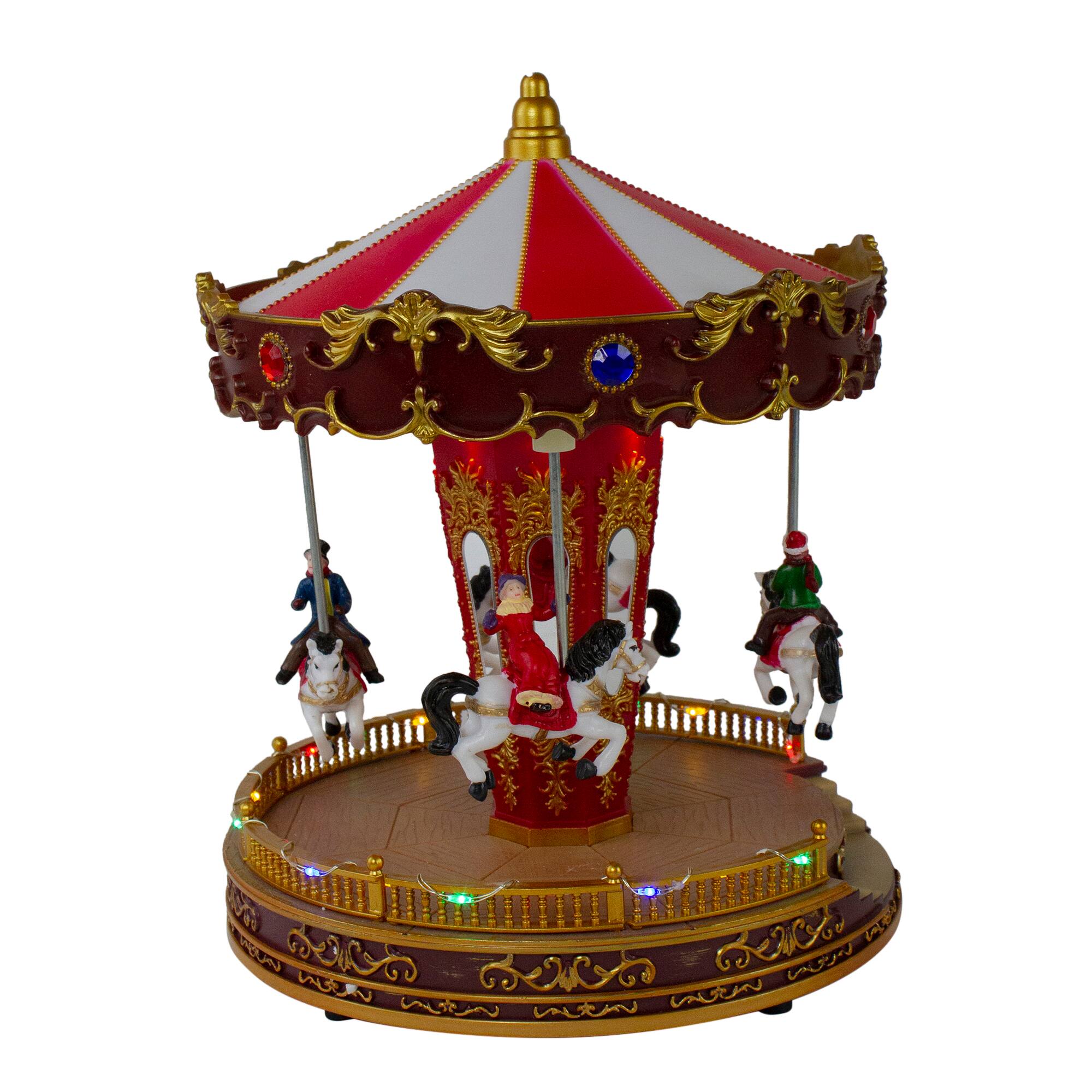 Alt View 2. Northlight - LED Lighted and Animated Horses Christmas Carousel Village Display - 11" - Red.