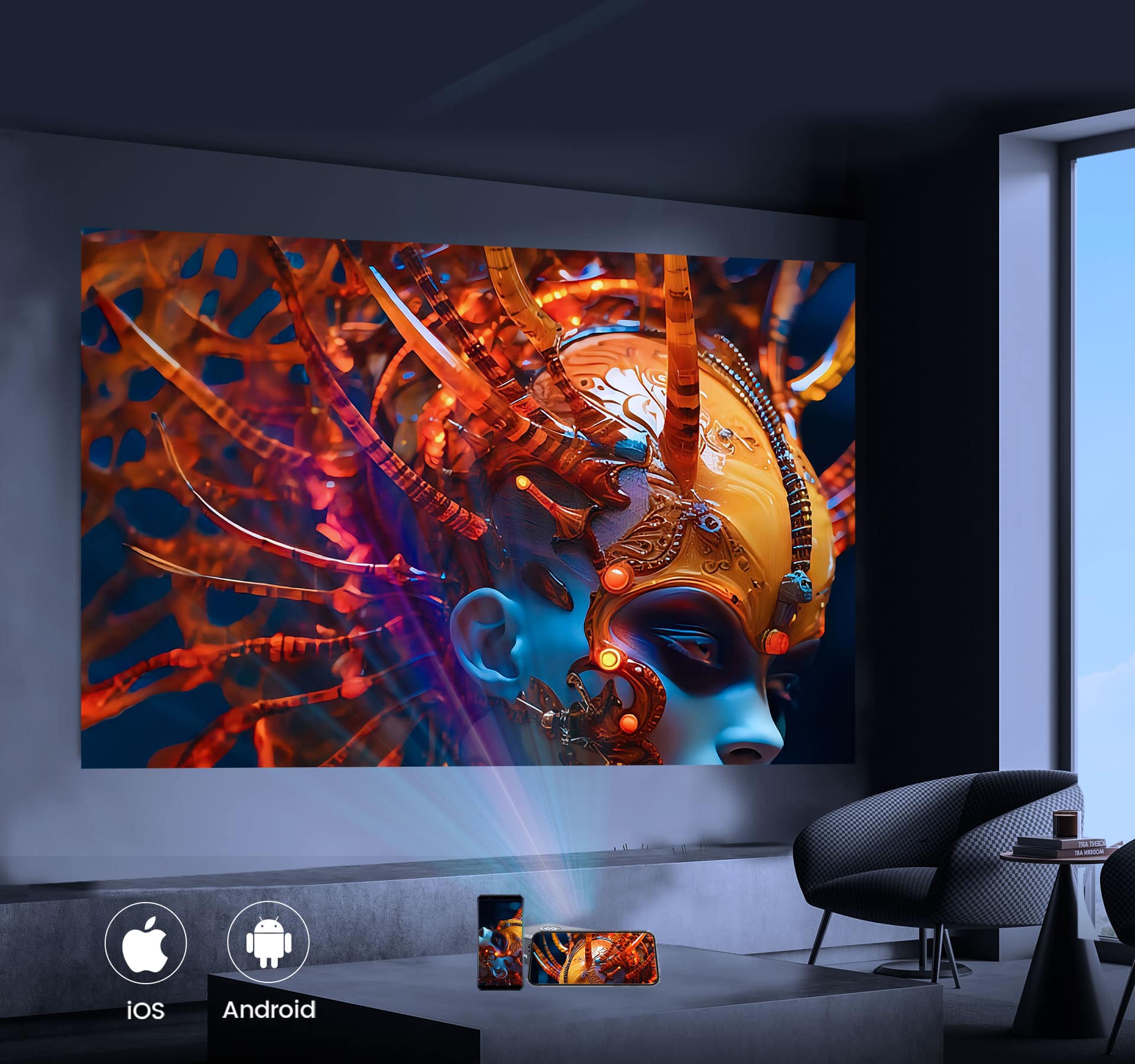 Alt View 16. AAXA - P6X DLP Pico Projector, 4 Hour Battery, USB-C Input, Wireless Mirroring, 1000 Lumens, HDMI/USB/TF Input, 1080p Support - Gray/Black.