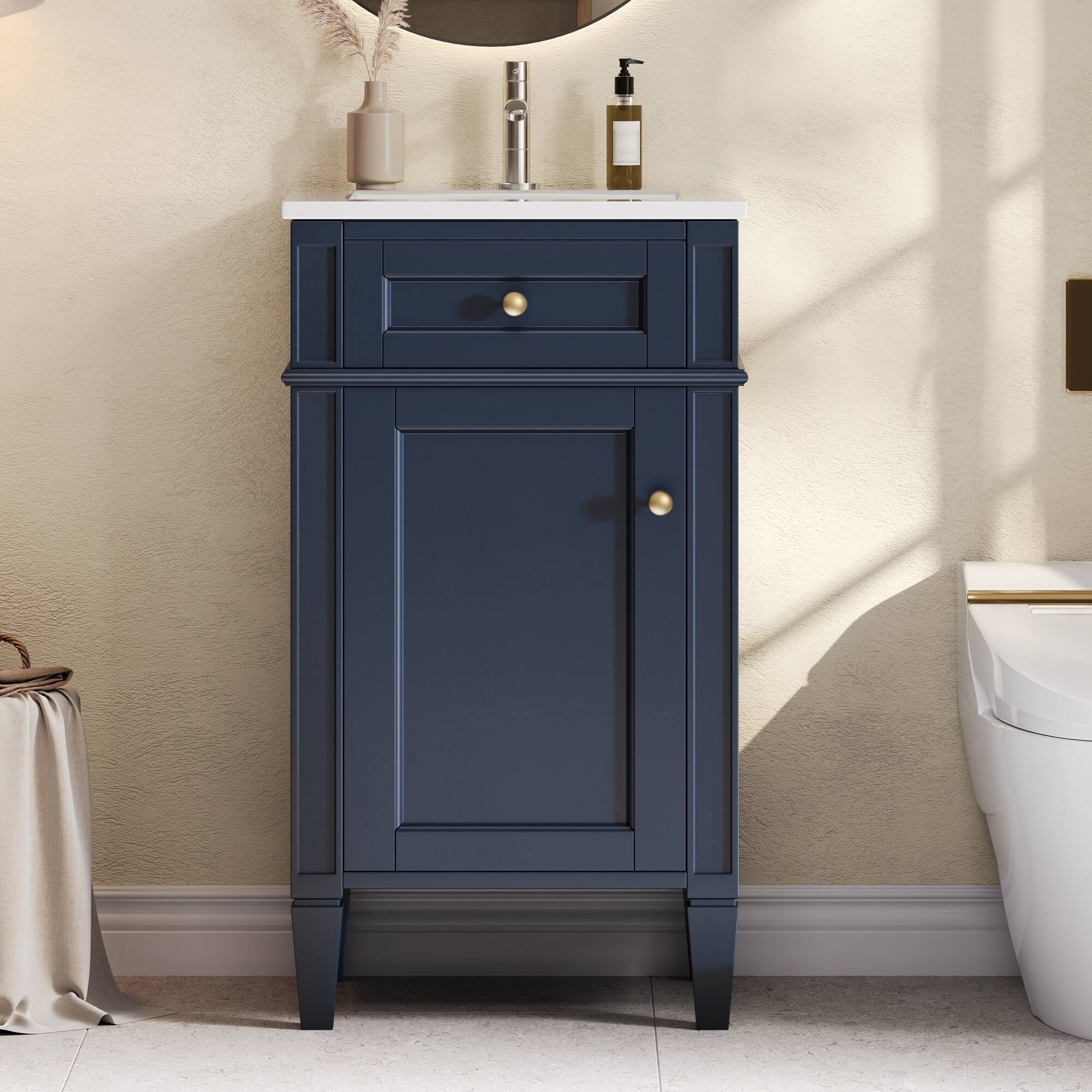Front. JUJABU - Blue 18-inch Freestanding Bathroom Vanity with Ceramic Sink and Adjustable Shelf - Blue.