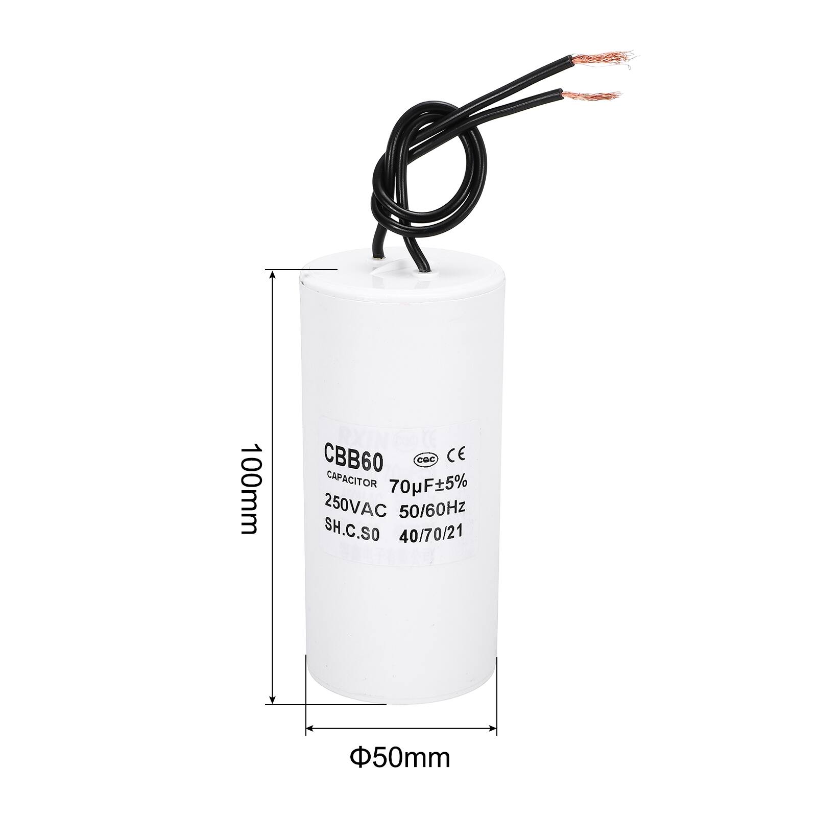 100mm CBB60 Capacitor 70µF±5% 250VAC 50/60Hz SH.C.SO 40/70/21 50mm