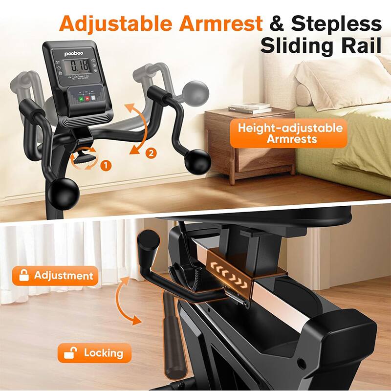 Adjustable Armrest & Stepless Sliding Rail

1. Height-adjustable Armrests
2. Adjustment Locking