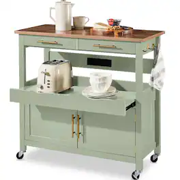 Best Choice Products - 36in Large Rolling Kitchen Island Cart, 2-Door Cabinet, Outlet, Hooks, & Wheels - Pistachio Green