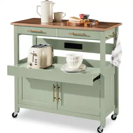 Front. Best Choice Products - Best Choice Products 36in Large Rolling Kitchen Island Cart, 2-Door Cabinet, Outlet, Hooks, & Wheels - Pistachio Green - Pistachio Green.