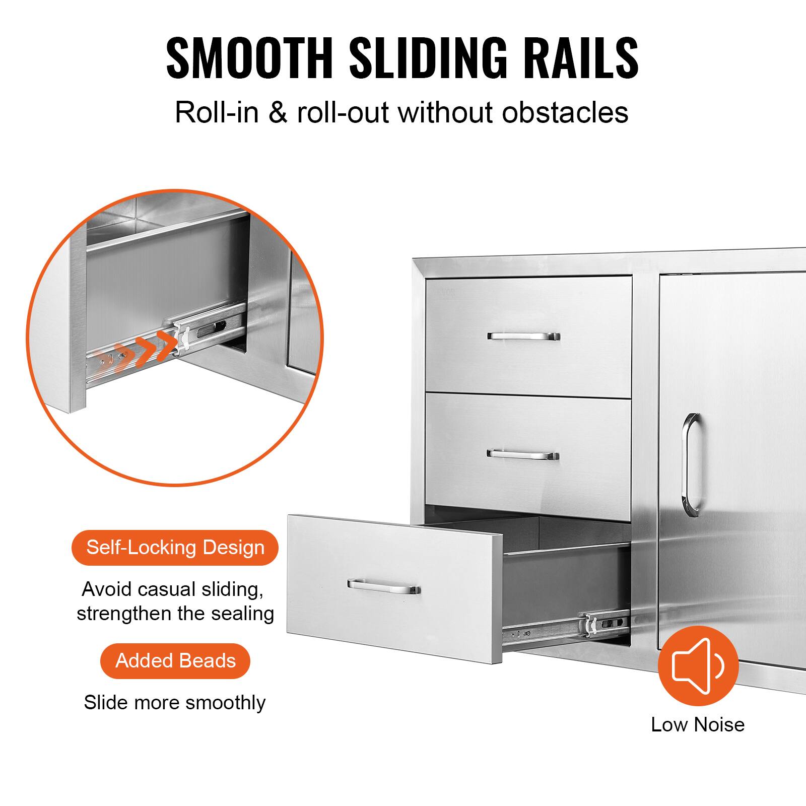 SMOOTH SLIDING RAILS  
Roll-in & roll-out without obstacles  

Self-Locking Design  
Avoid casual sliding, strengthen the sealing  

Added Beads  
Slide more smoothly  

Low Noise