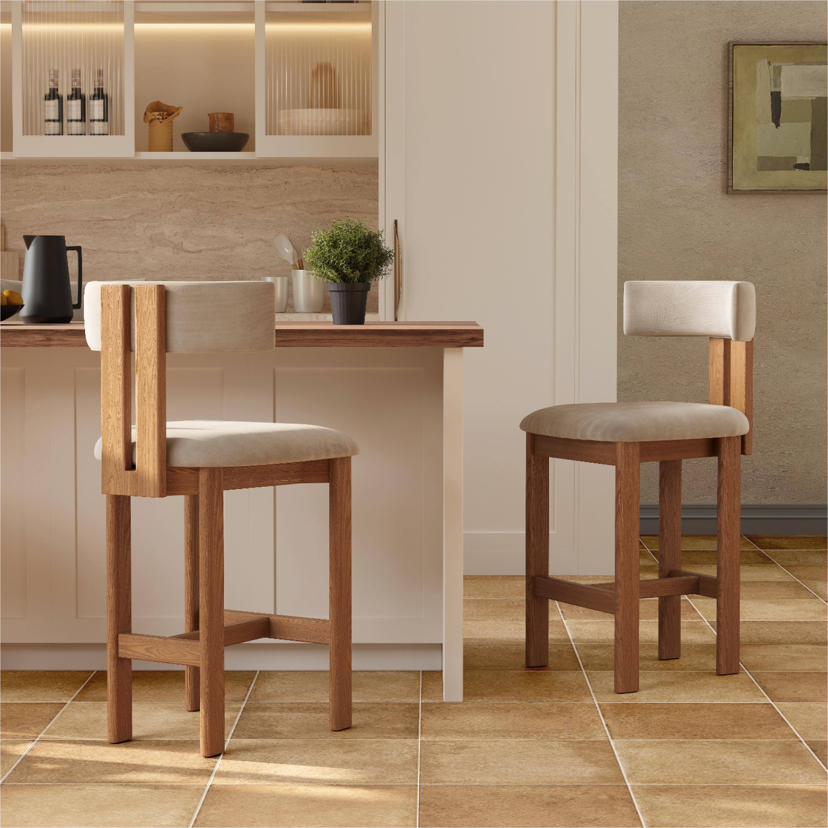 Front. POVISON - 26" Fully Assembled Mid-Century Modern Counter Height Bar Stools Set of 2,Cotton Linen Beige & Light Walnut - Beige & Light Walnut Cotton Linen.
