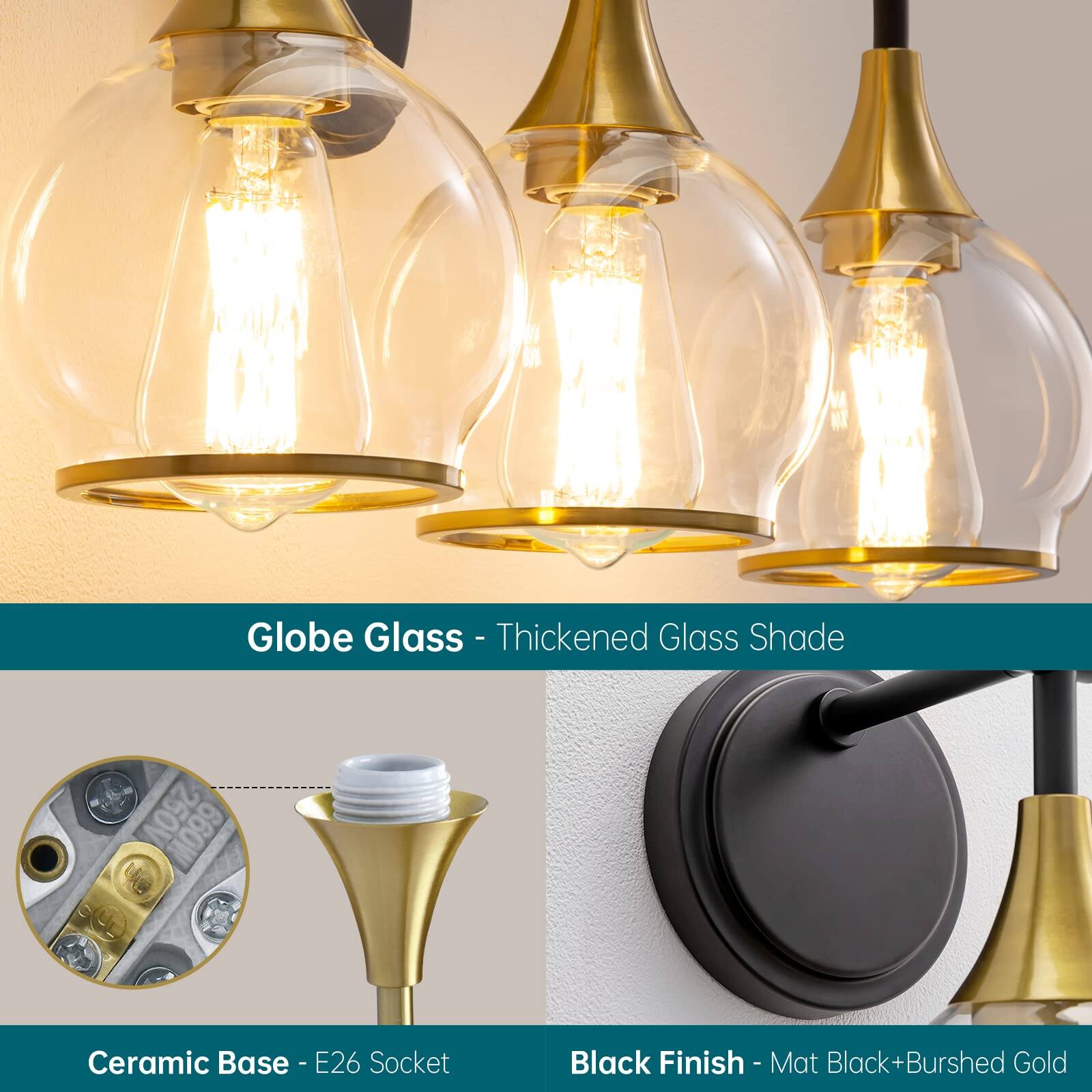 Globe Glass - Thickened Glass Shade

Ceramic Base - E26 Socket

Black Finish - Mat Black + Brushed Gold