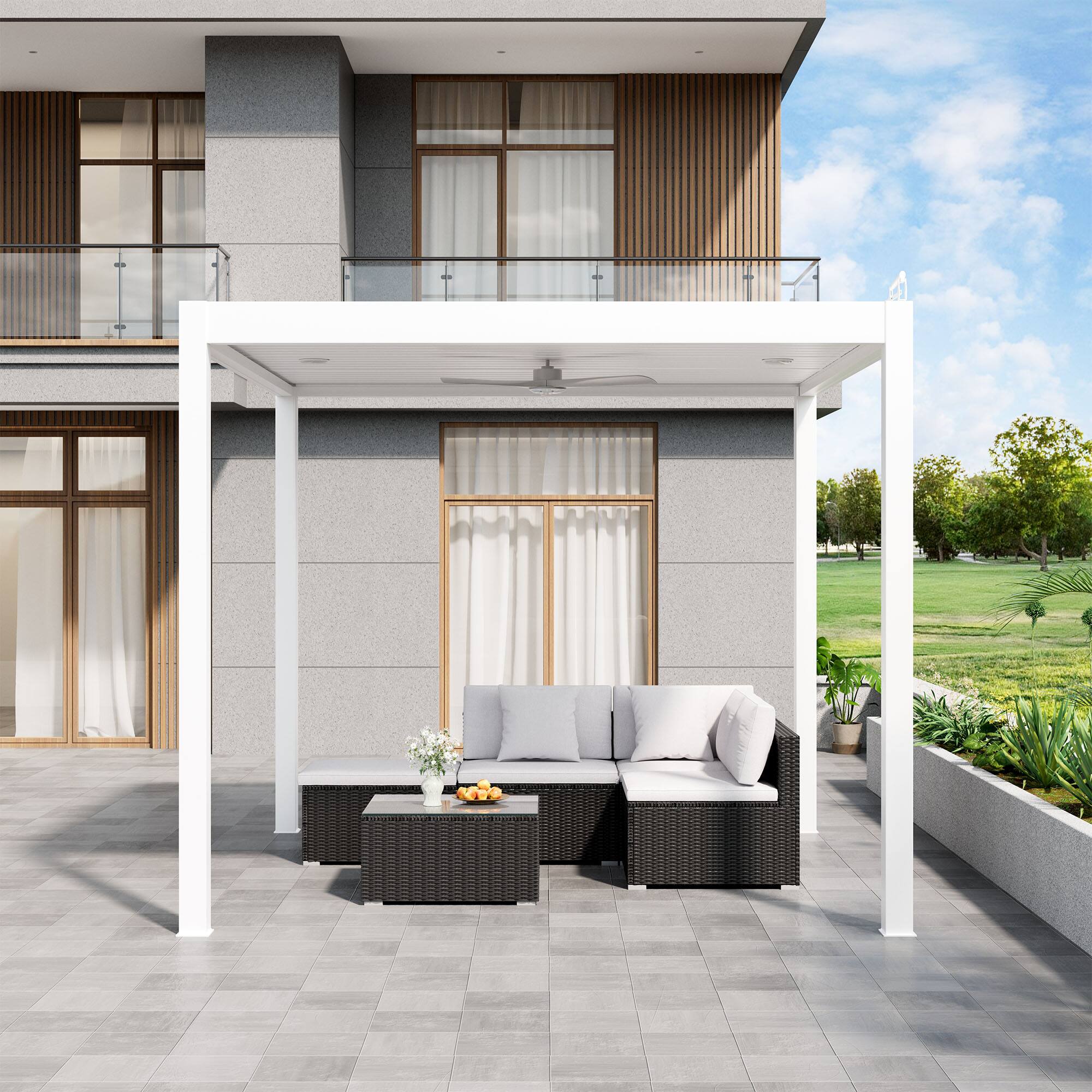 Angle. Mondawe - 10ft x 10ft Solar-Powered Aluminum Pergola with Adjustable Louvers and Hidden Drainage System - White.