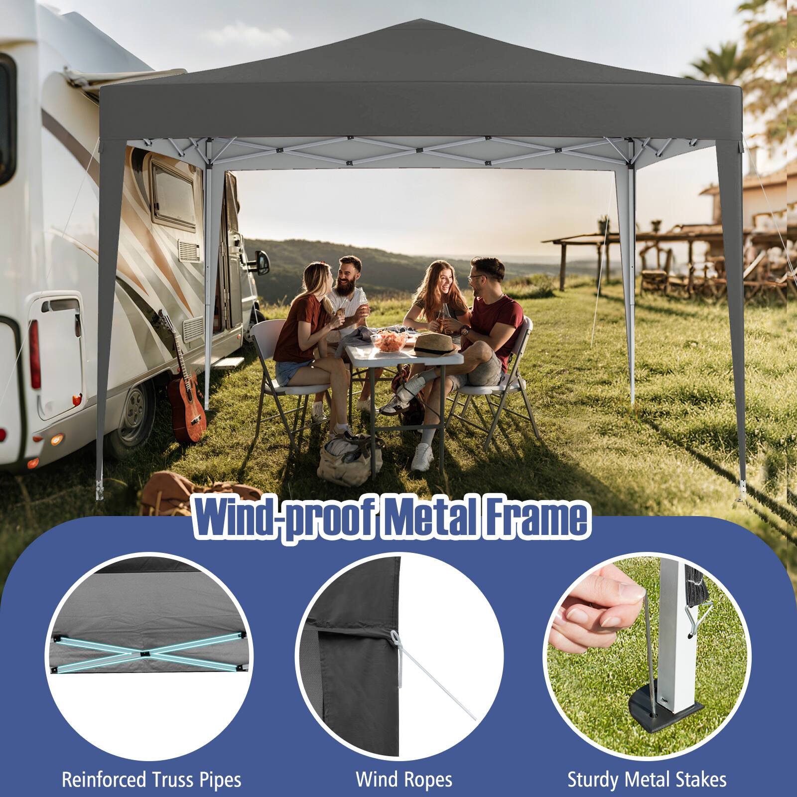 Wind-proof Metal Frame  
Reinforced Truss Pipes  
Wind Ropes  
Sturdy Metal Stakes