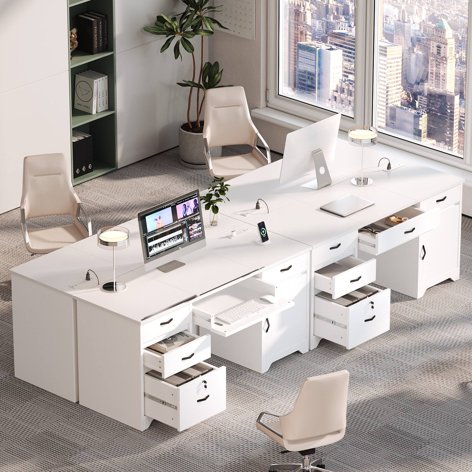 Back. Bestier - 59-inch Office Desk with Charging station, File Drawers & Cabinets for Study & Bedroom - White.