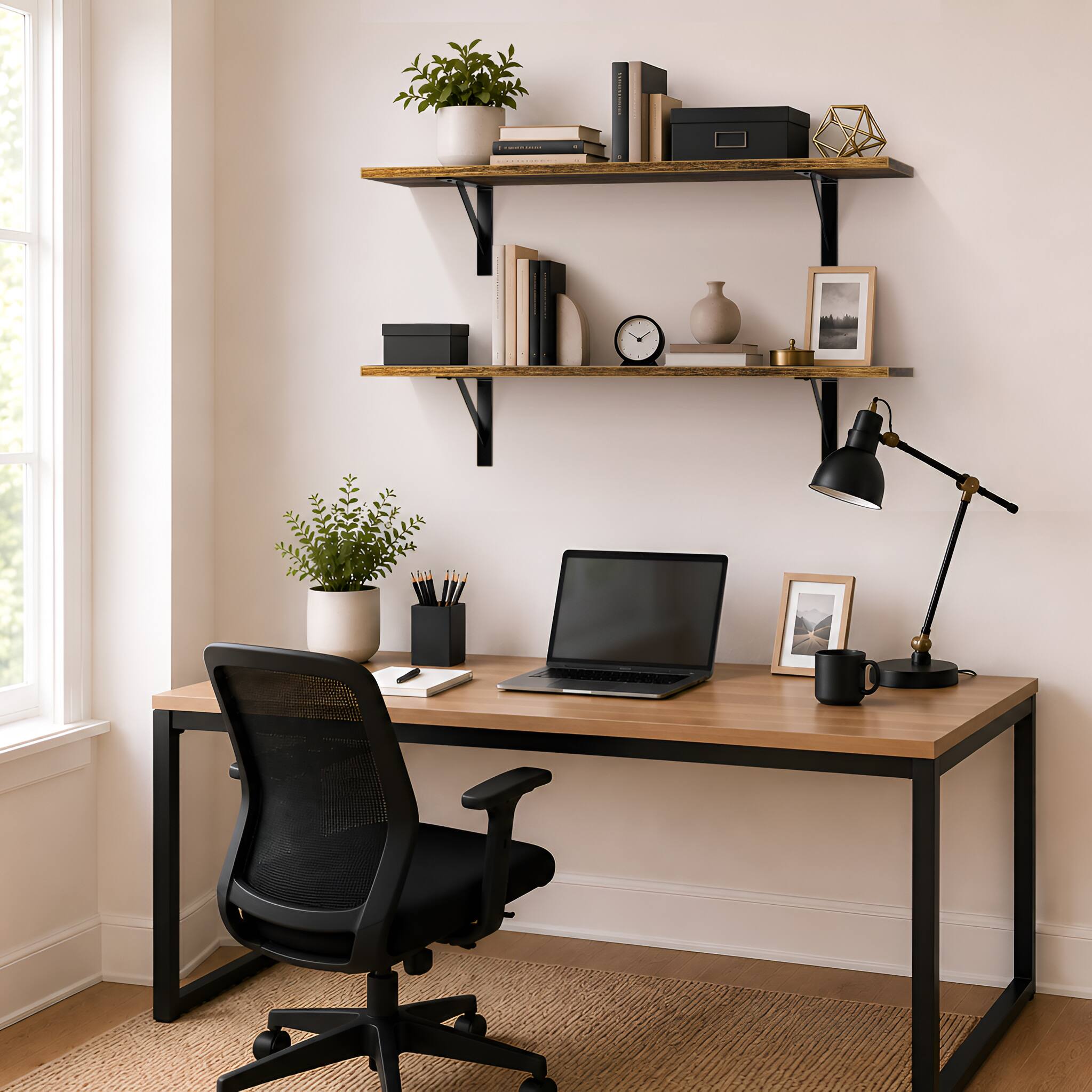 Alt View 3. Sorbus - Wall Shelves 31.5" with Black Metal Brackets, Set of 2, Brown - Brown.