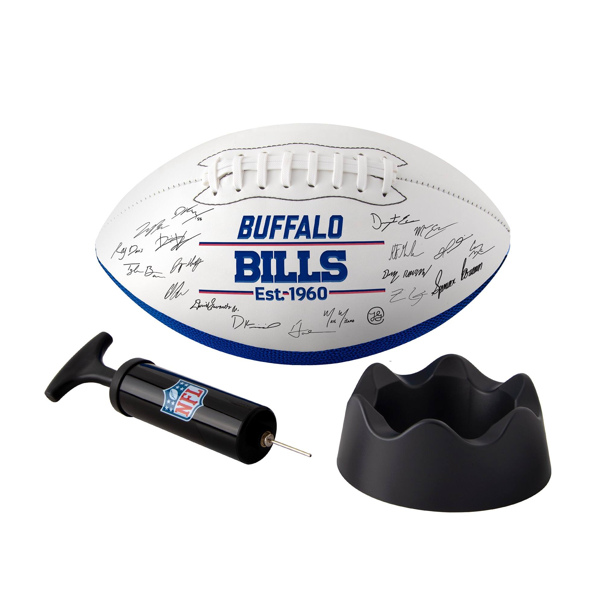 Sure, here is the corrected and grouped text from the image:

**Main Text on the Football:**
- BUFFALO BILLS
- Est-1960

**Signatures and Inscriptions:**
- Di Ak
- BUFFALO
- Neal
- 905
- 3B
- Arty
- Bills
- R ha
- D Ser
- Ol Est-1960
- Zy
- Z
- Antundra
- b.
- 1
- M2
- de
- Dr. O
- G
- NFL

**Additional Text:**
- Date
- men
- HENRY
- 1999
- 29
- brown
- Day
- brown
- 24
- Supeme
- brown
- 24
- brown
- 24
- brown
- 24
- brown
- 24
- brown
- 24
- brown
- 24
- brown
- 24
- brown
- 24
- brown
- 24
- brown
- 24
- brown
-