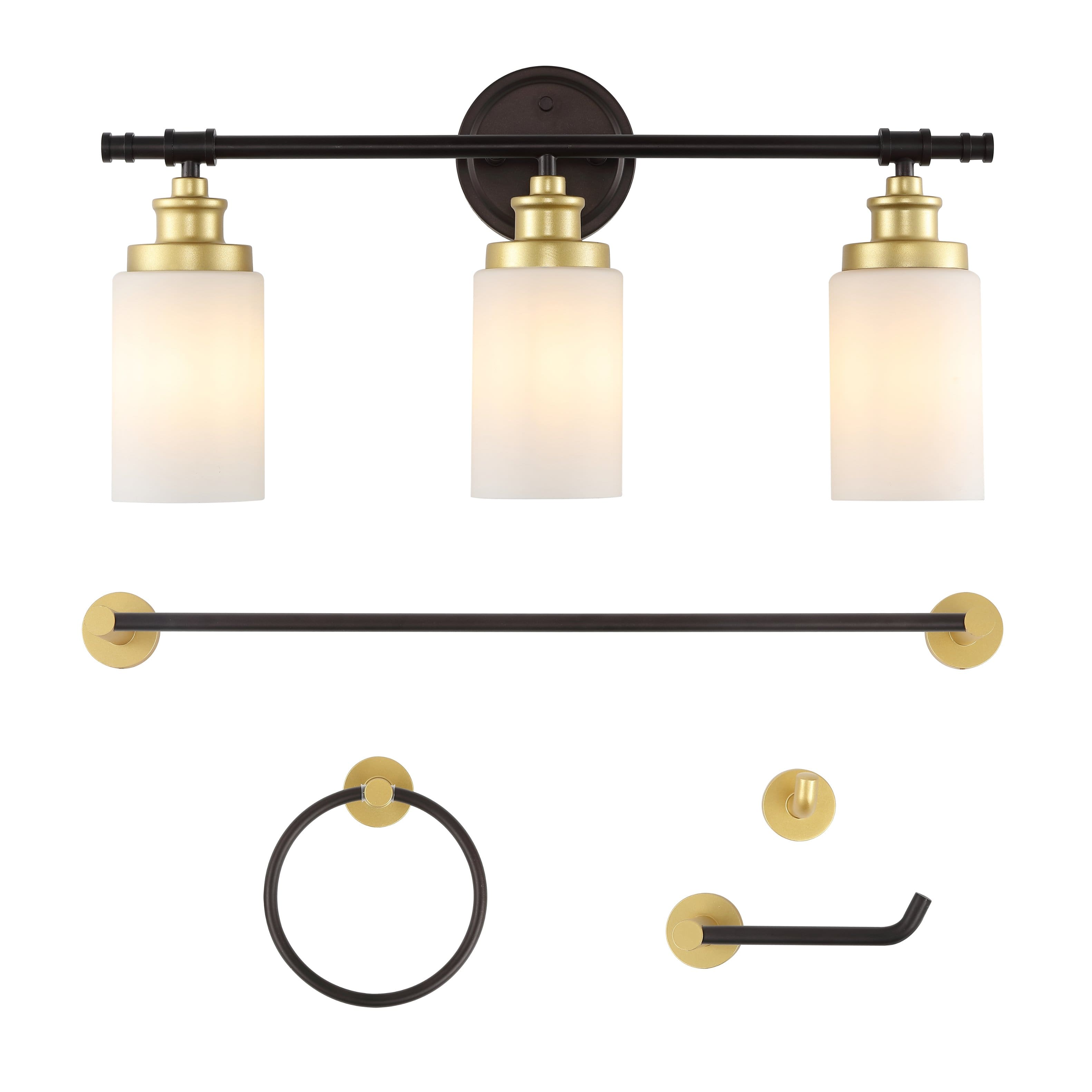 "Jonathan Y - Egan 23.25"" 3-Light Vanity Light with Glass Shades and Bathroom Accessory Set, (5-Piece) - Oil Rubbed Bronze/Gold Painting" price history on PriceWatchPro