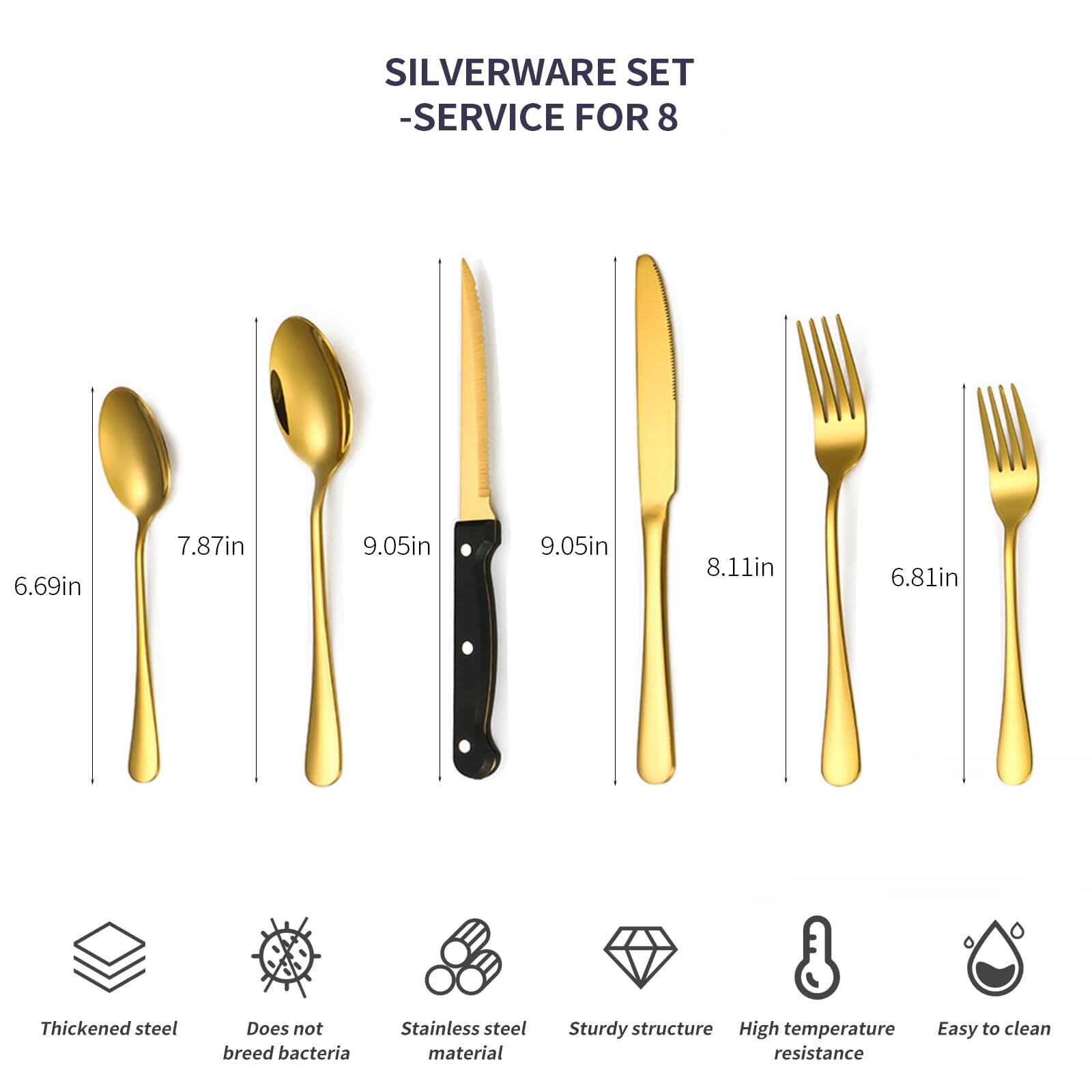SILVERWARE SET  
-SERVICE FOR 8  

6.69in  
7.87in  
9.05in  
9.05in  
8.11in  
6.81in  

Thickened steel  
Does not breed bacteria  
Stainless steel material  
Sturdy structure  
High temperature resistance  
Easy to clean