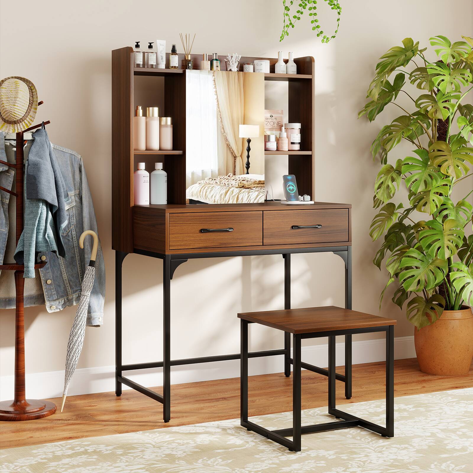 Alt View 4. Gymax - Gymax Vanity Set w/ Mirror Cabinet Modern Makeup Vanity Table w/ Stool 2 Drawers - Walnut.