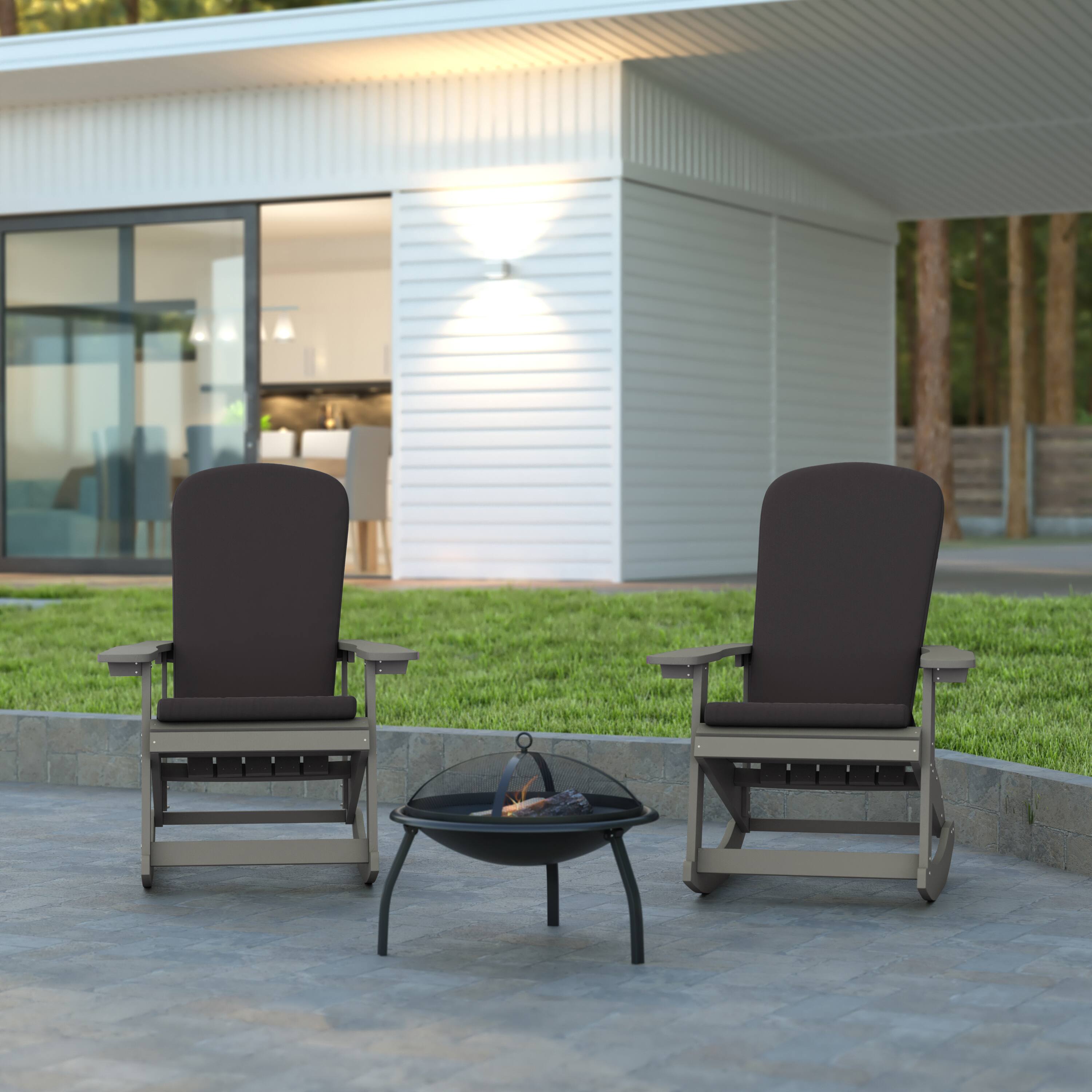 Alt View 2. Emma + Oliver - Marcy Set of 2 All-Weather Poly Resin Adirondack Rocking Chairs with Cushions - Gray Cushions/Gray Frame.