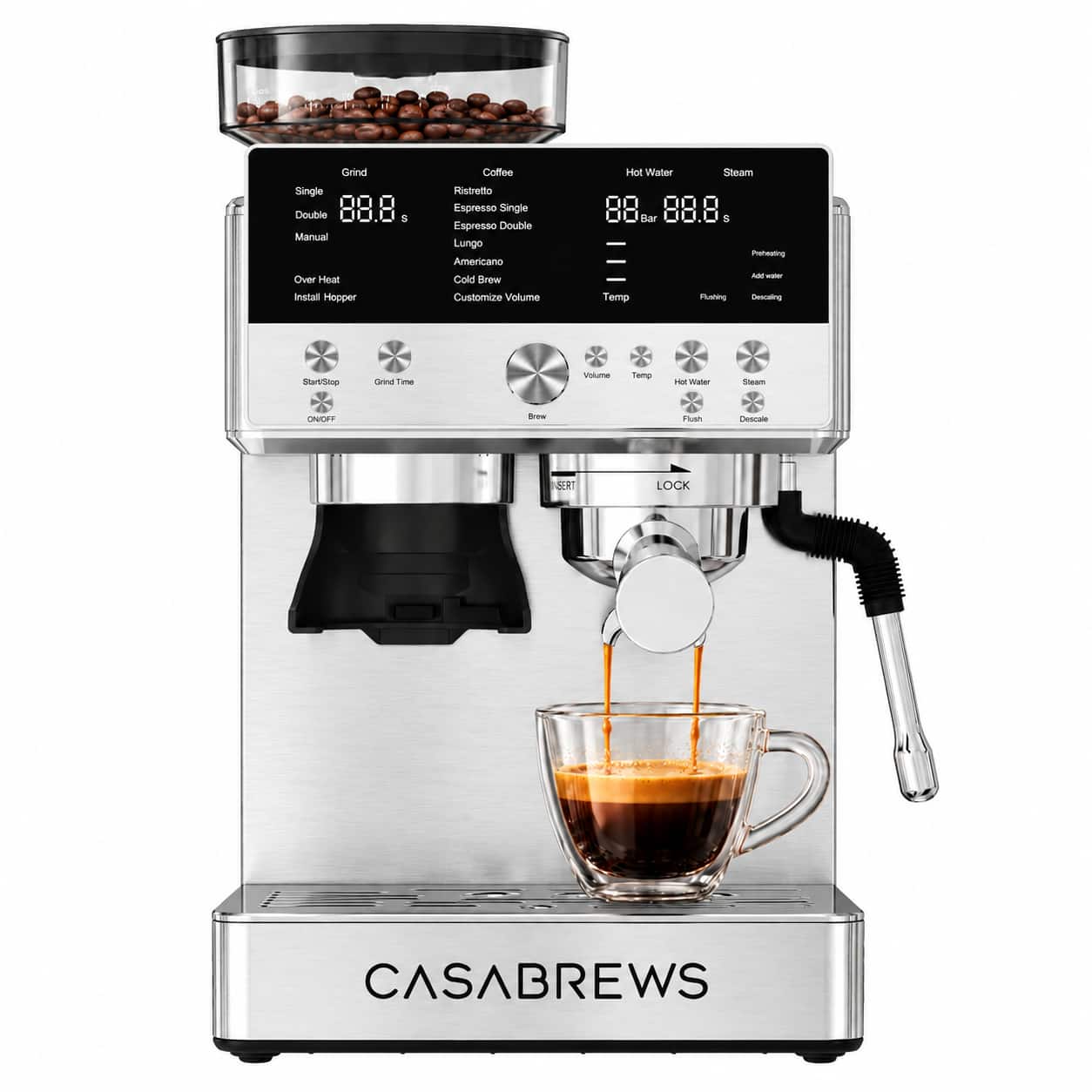 Casabrews - Marenza Espresso Machine with Grinder, 20-Bar Semi-Automatic Espresso Maker with 58mm Portafilter, 30 Grind Settings - Silver