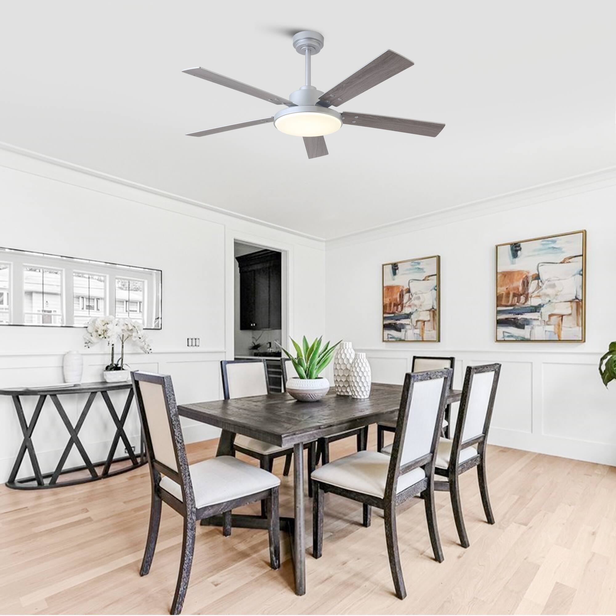 Left. Vaczon - 52" Modern Silver Dimmable LED Ceiling Fan with Light and Remote & APP - Silver.