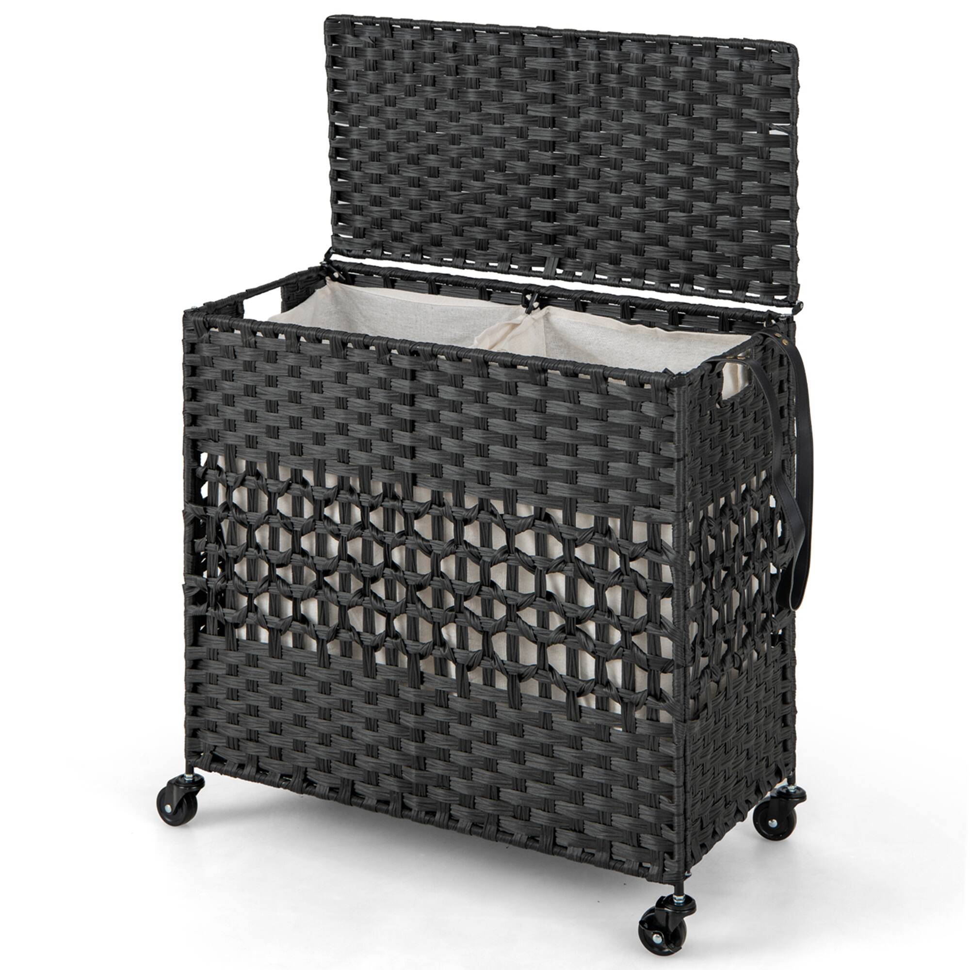 Alt View 19. Costway - 110L Laundry Hamper with Wheels Clothes Basket Lid & Handle & 2 Liner Bags Black - Black.